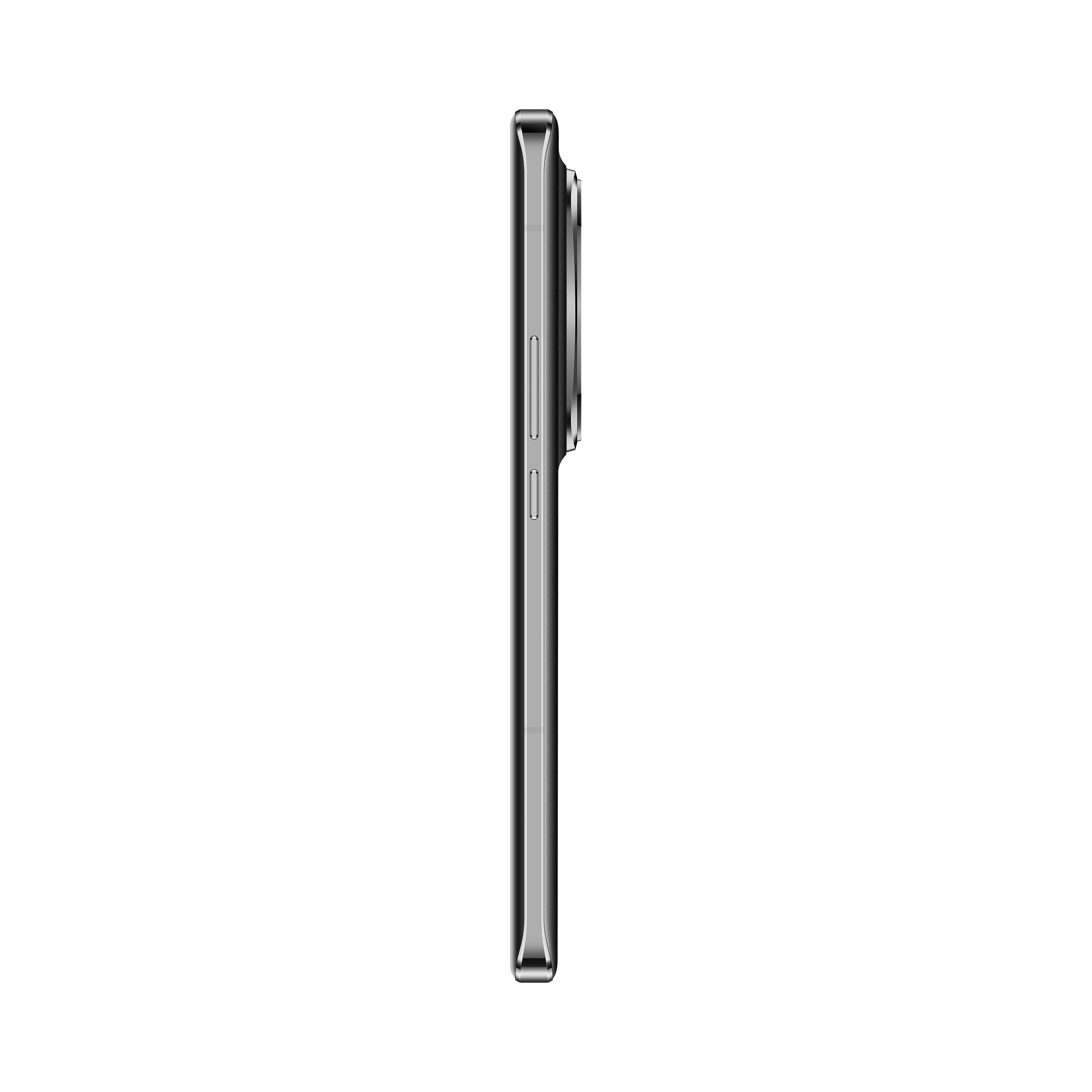 Seitenansicht eines schwarzen Smartphones, das sein schlankes Design und die Tasten zeigt.