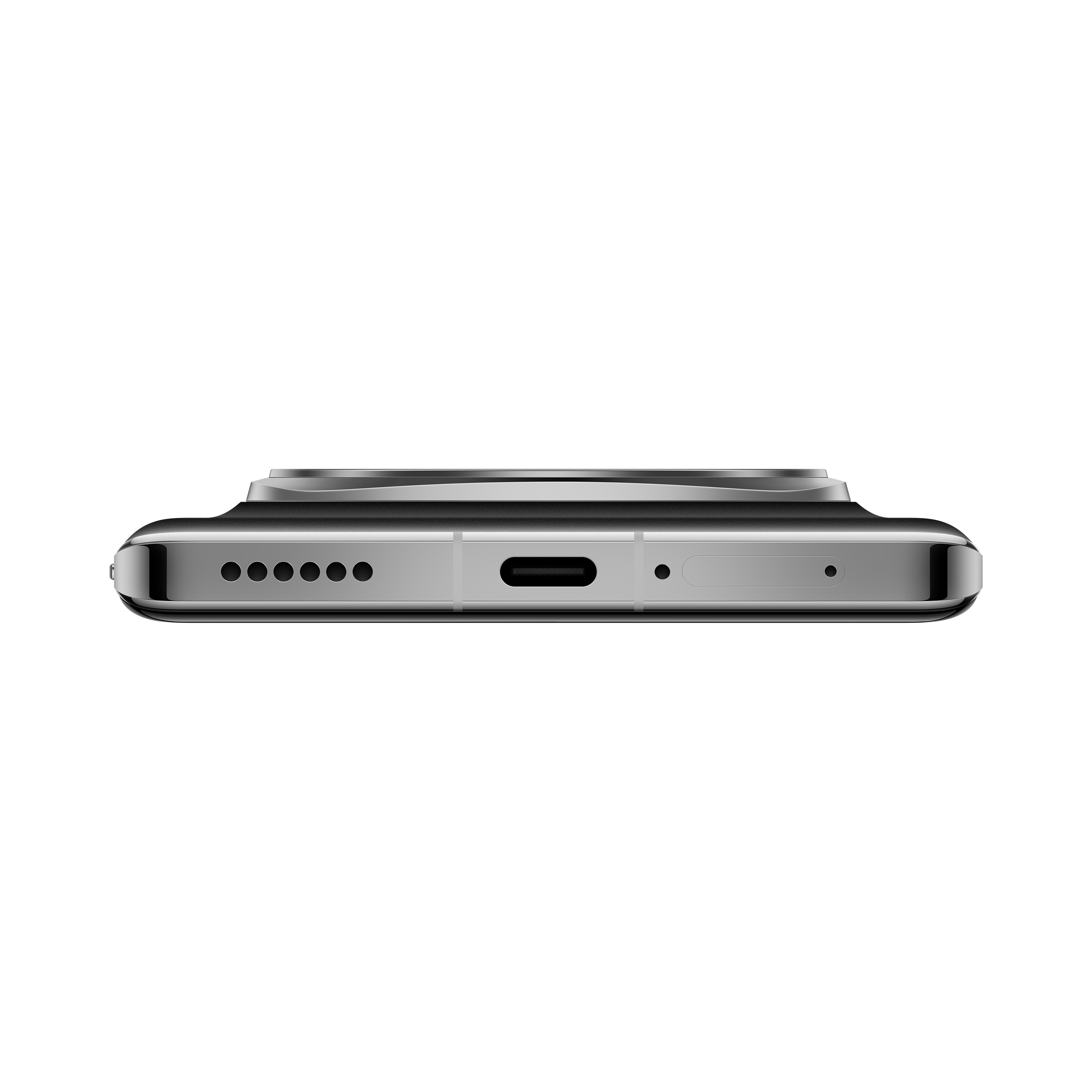 Unterseite eines silbernen Smartphones mit Lautsprecherlöchern, Ladeanschluss und Mikrofon.