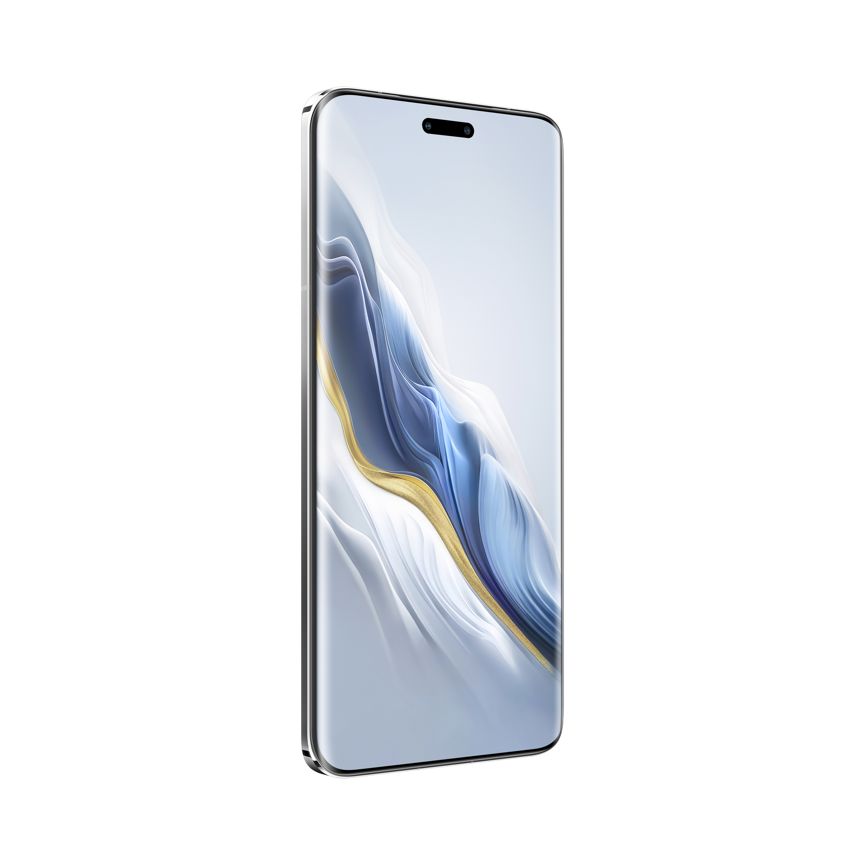 Ein Smartphone mit gebogenem Bildschirm. Der Bildschirm zeigt ein farbenfrohes abstraktes Bild, und das Telefon ist schwarz.