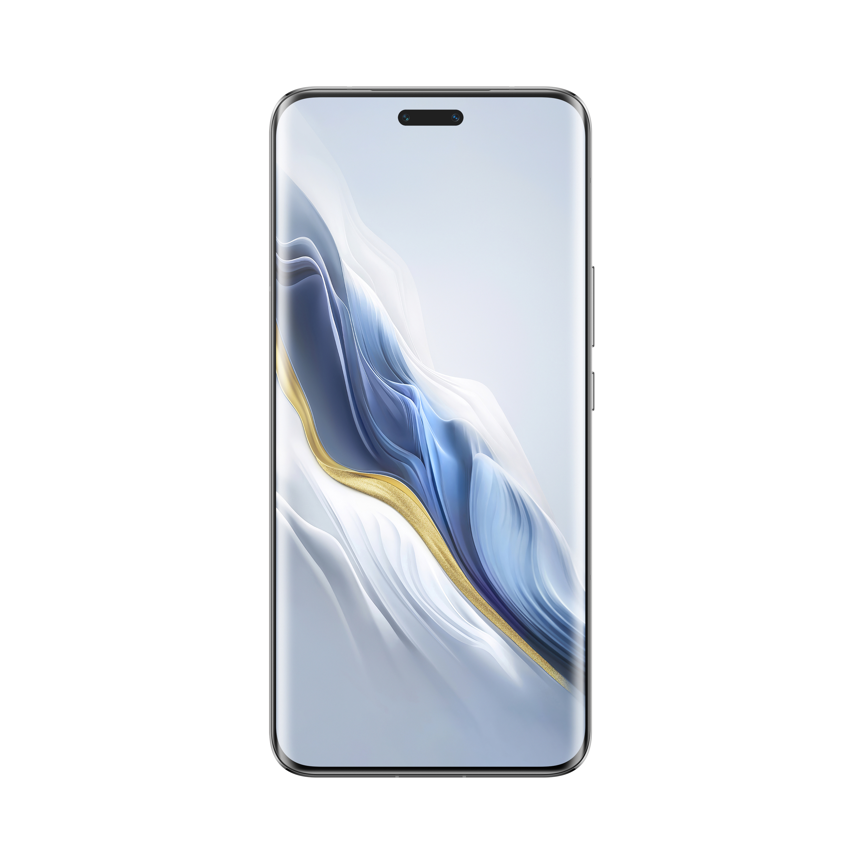 Smartphone, schwarzer Rahmen, gewölbter Bildschirm, Frontkamera, heller Hintergrund.