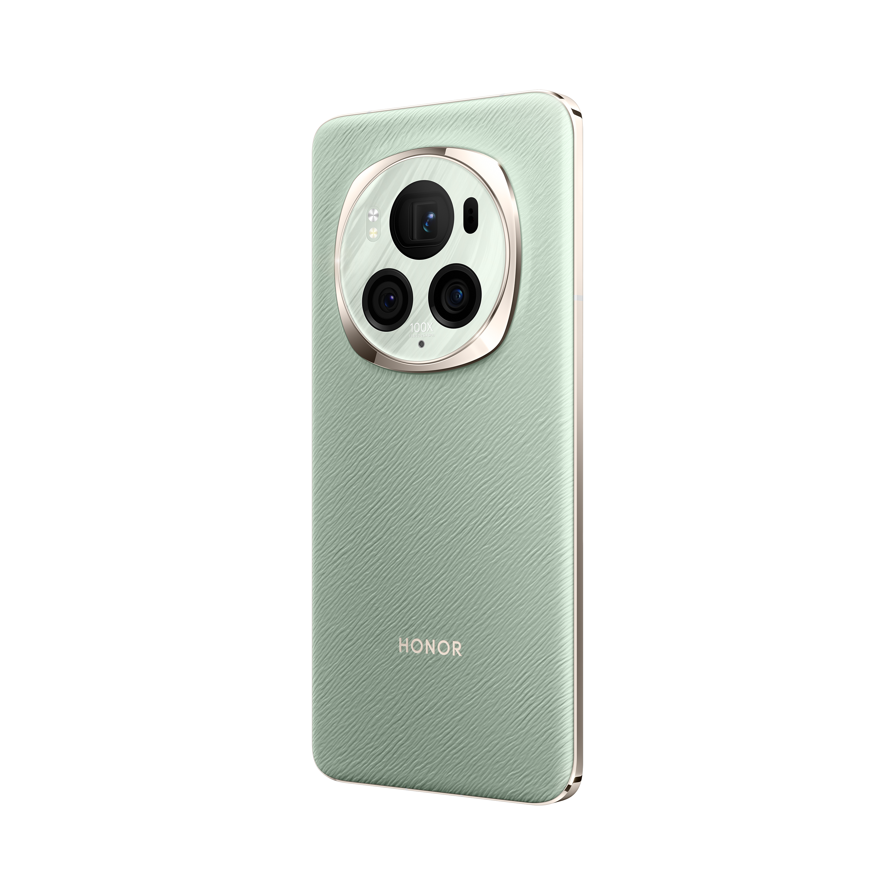 Ein grünes Honor-Telefon mit großem Kameramodul auf der Rückseite. Das Telefon steht auf weißem Grund.