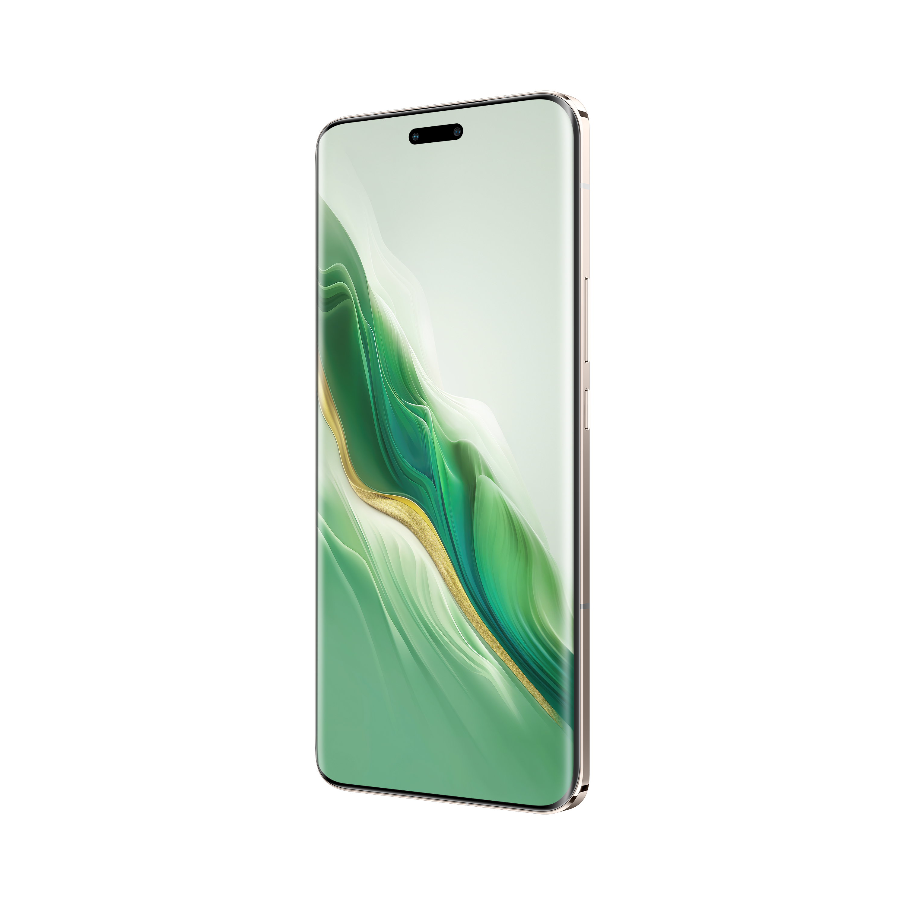 Ein Telefon mit grünem Bildschirm und goldenem Rahmen. Weißer Hintergrund. Die Frontkamera ist auf dem Bildschirm sichtbar.