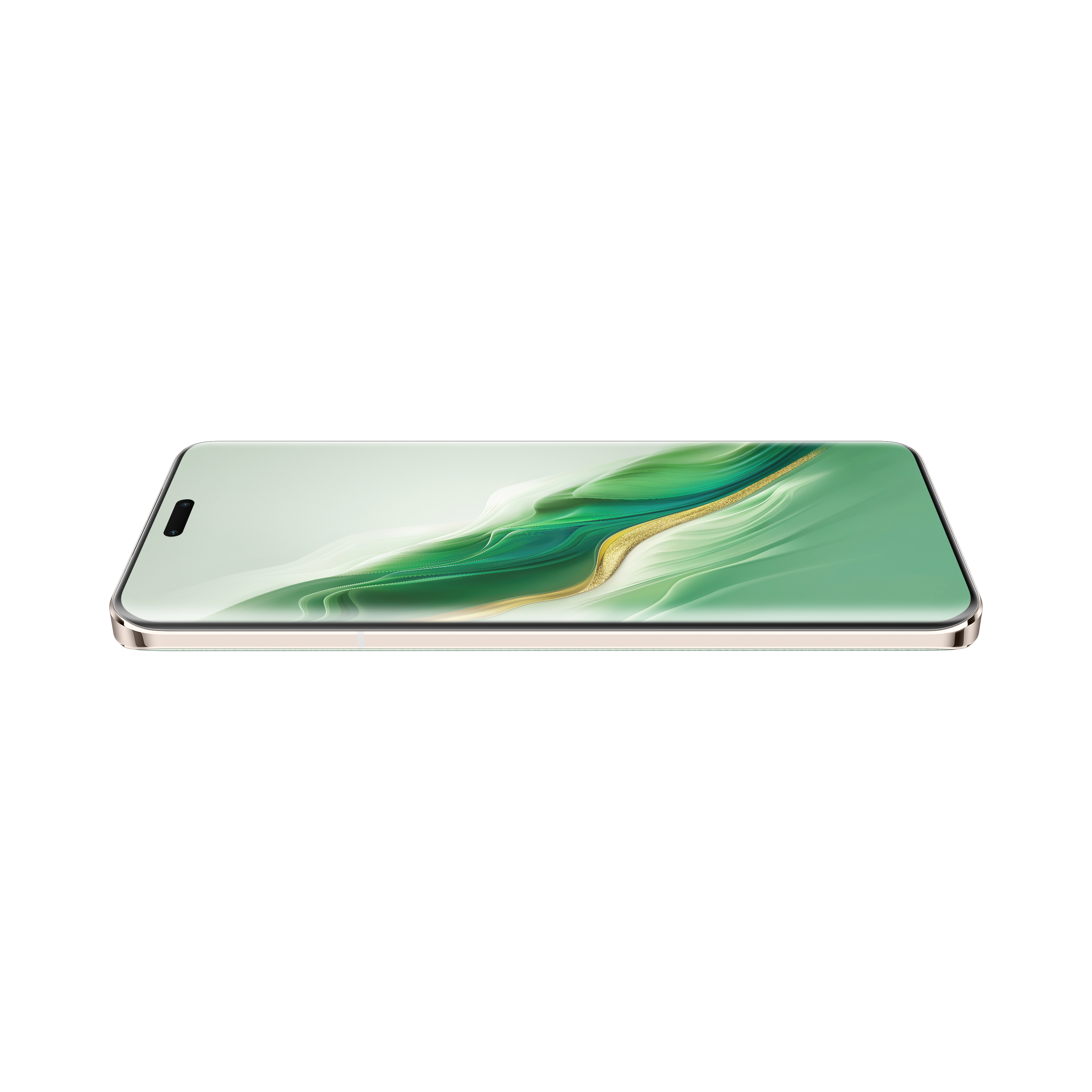 Smartphone liegt flach und zeigt ein lebendiges, grün-goldenes abstraktes Design auf dem Bildschirm.