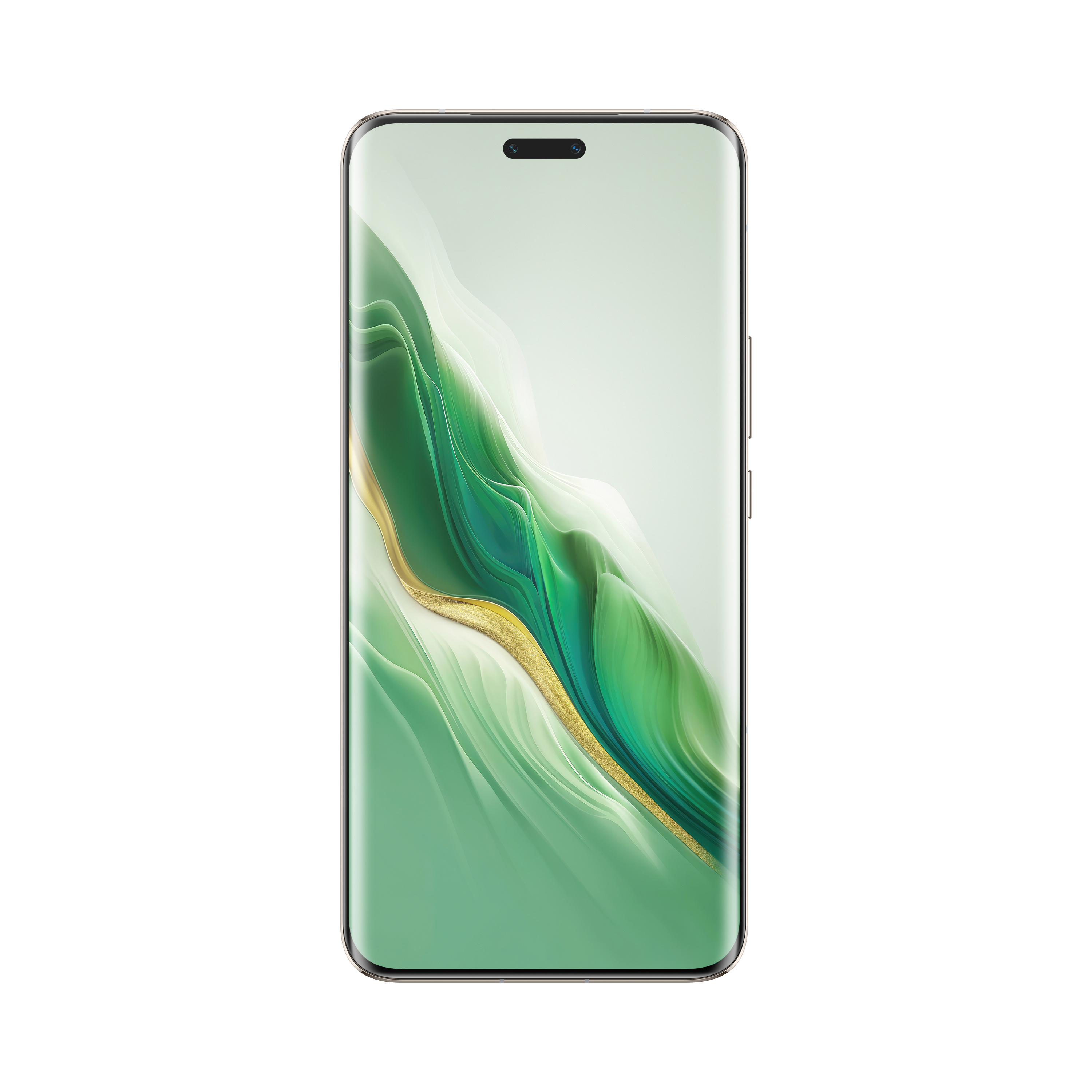Smartphone mit grünem Bildschirm, Golddetail. Das Telefon befindet sich in vertikaler Position.