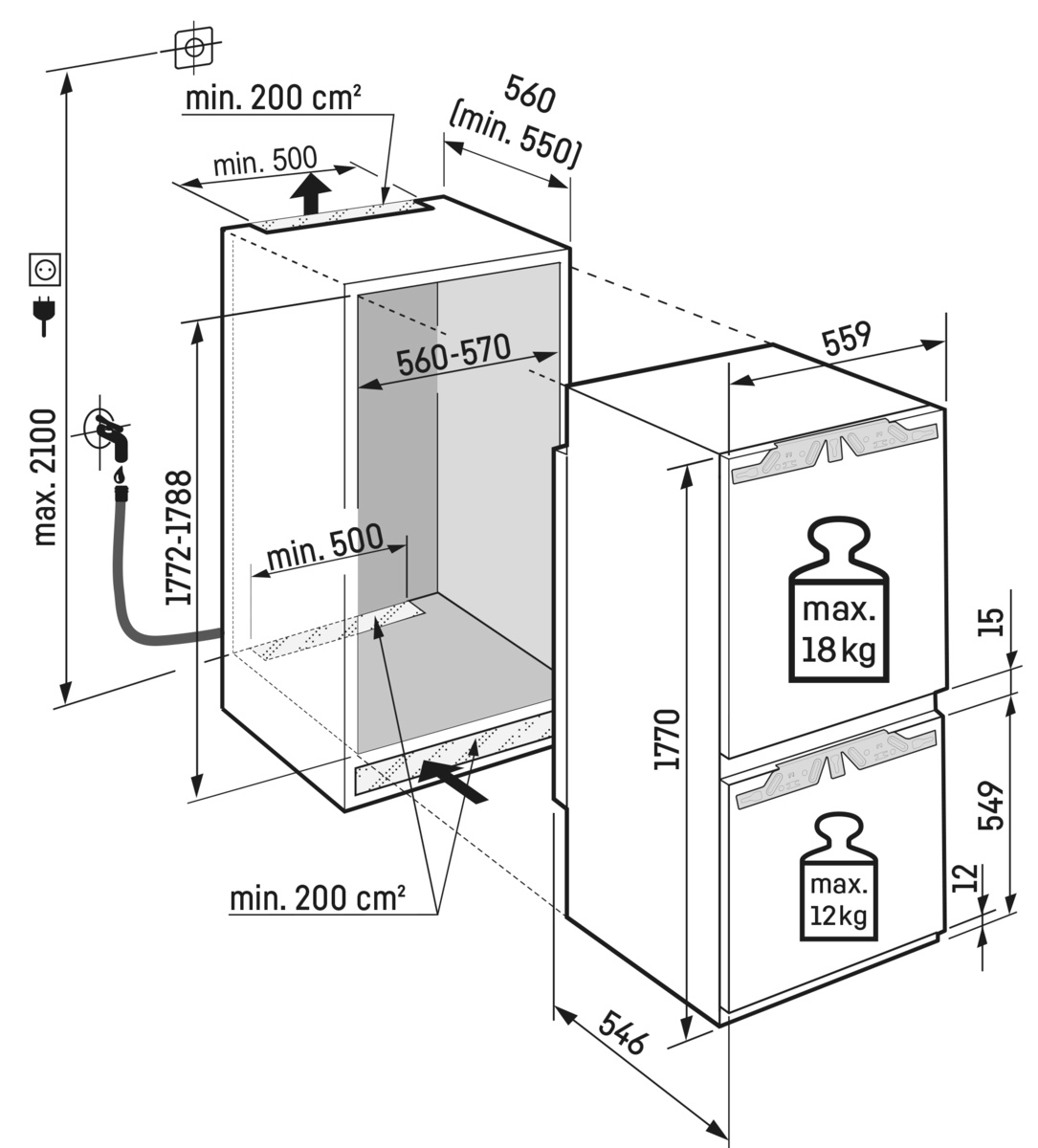 Beépített hűtőszekrény diagramja méretekkel, víz- és áramcsatlakozásokkal, súlykorlátozásokkal.