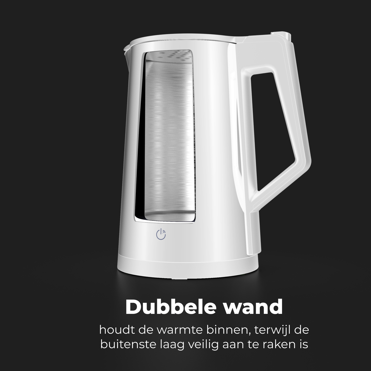 A white electric kettle on a black background with text.