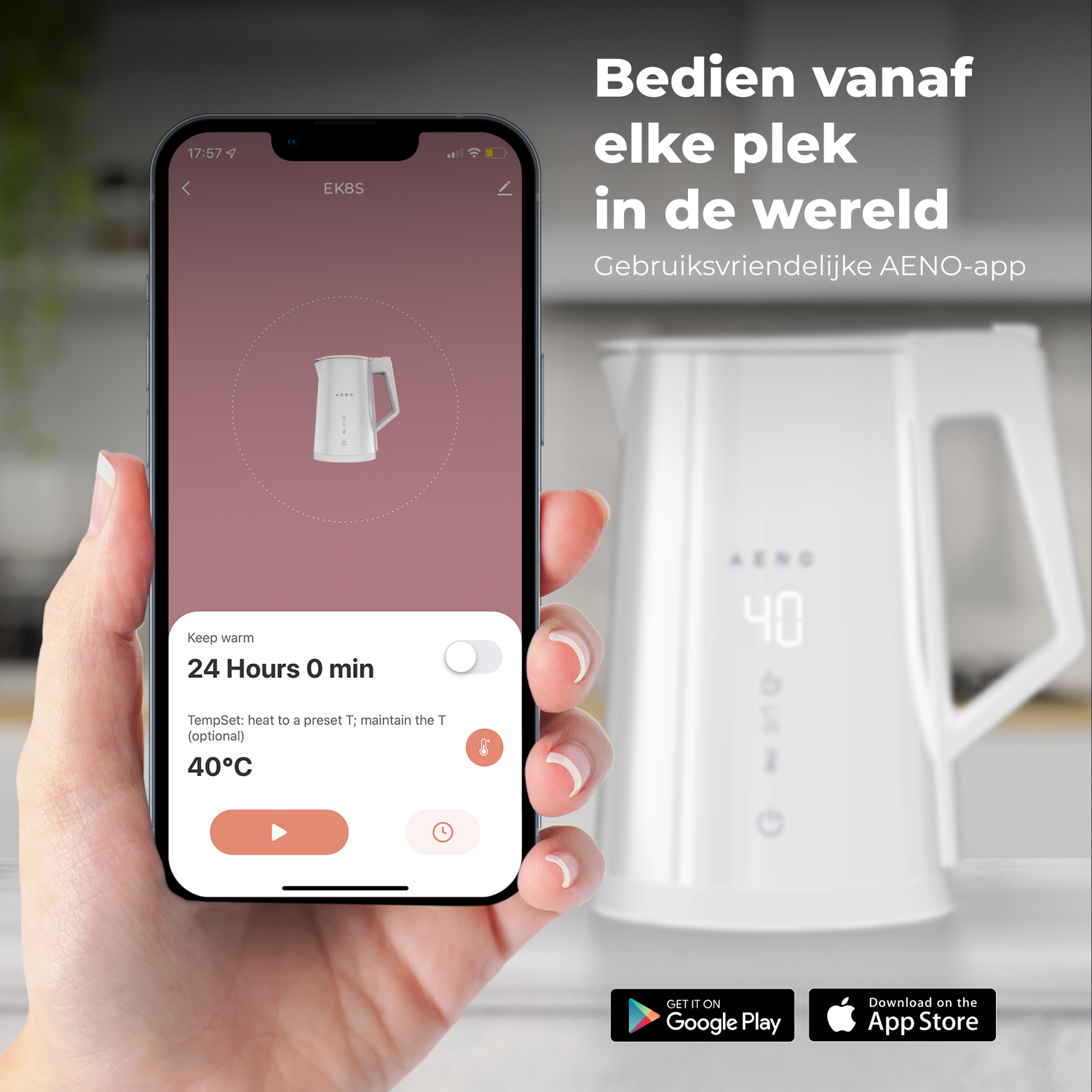 Woman's hand holding a phone showing a white kettle in a smart home app.