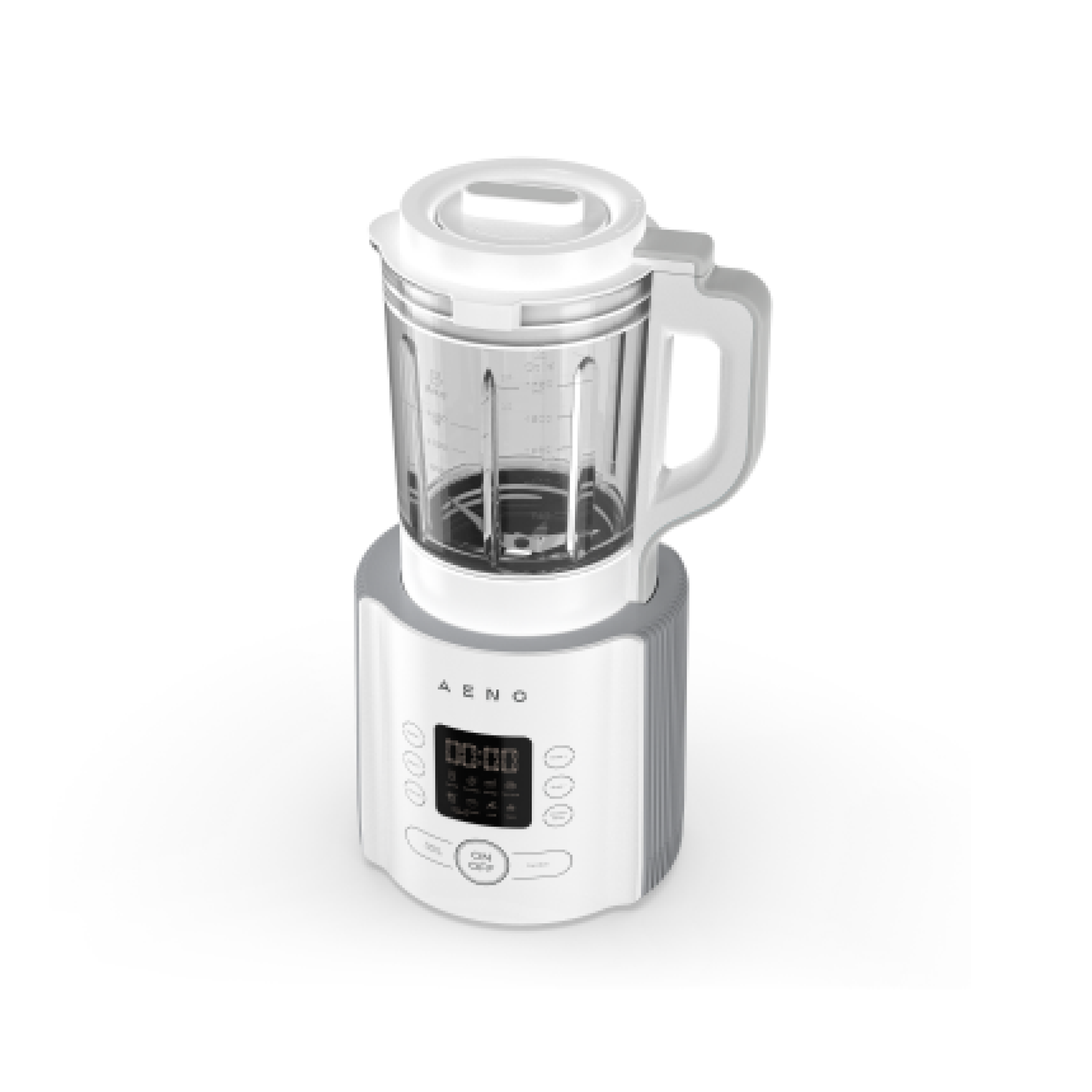 Witte blender met glazen kan en digitaal display. Witte achtergrond.
