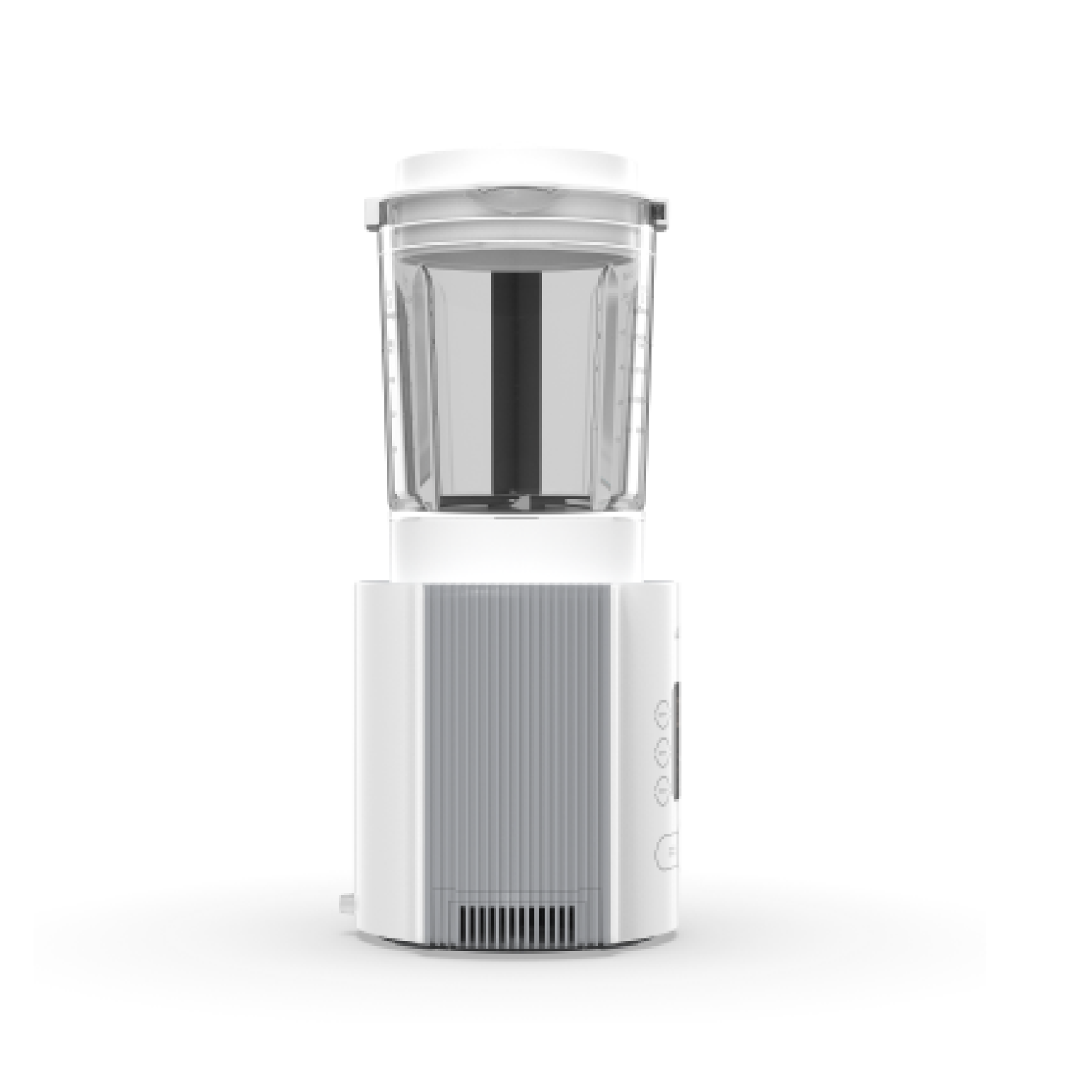 Witte en grijze blender op een wit oppervlak, met een witte achtergrond.