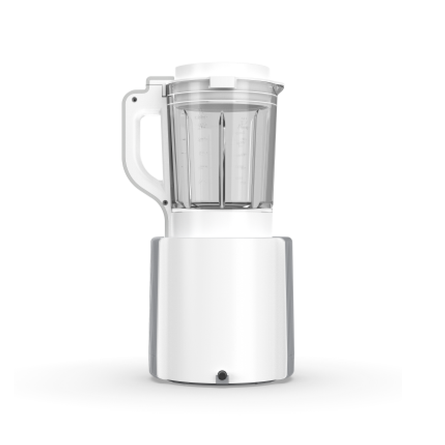 Witte blender met doorzichtige container en handvat tegen witte achtergrond.