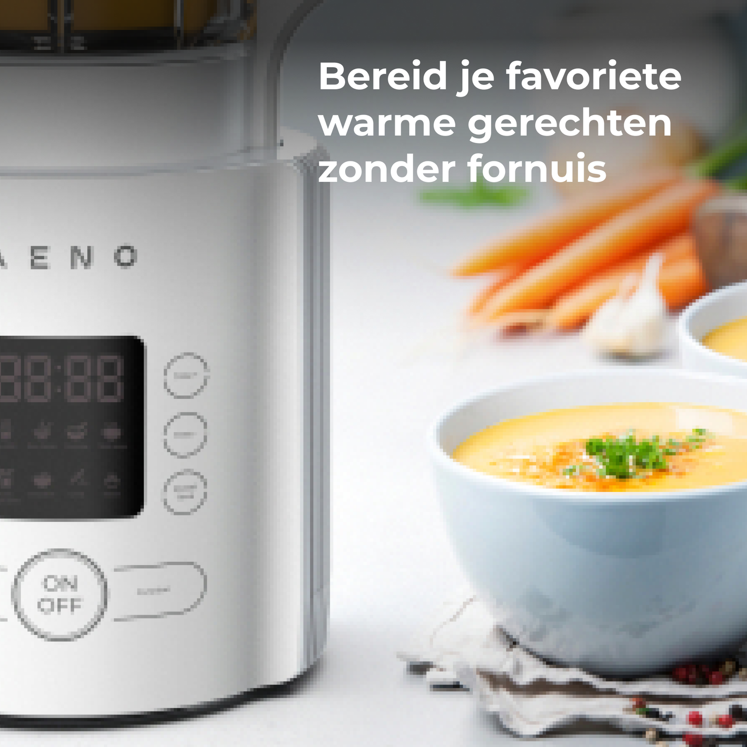 Een wit apparaat met een digitaal display en soepkommen ervoor. Wortelen en knoflook zijn zichtbaar.