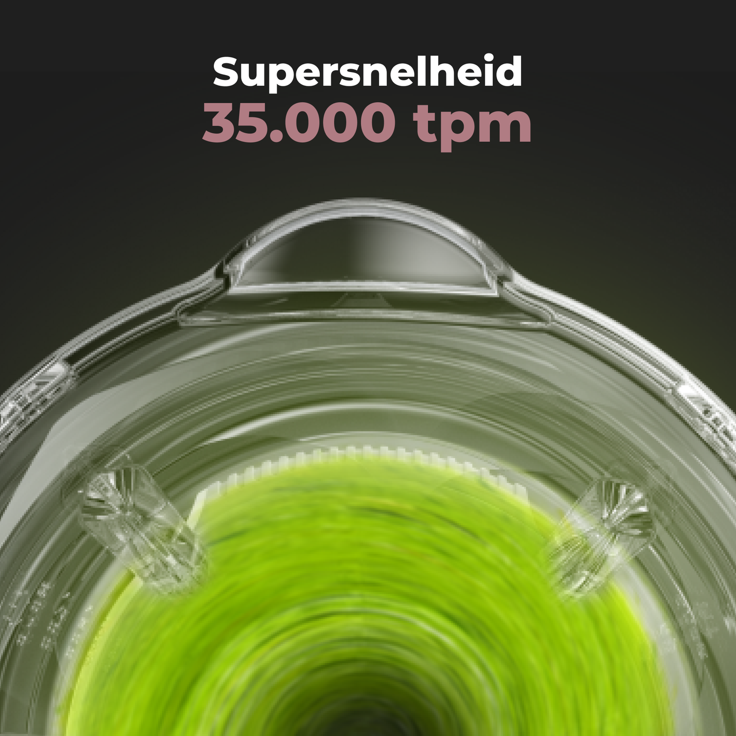 Close-up van een blender in actie. Groene inhoud wervelt erin. Tekst zegt 'Supersnelheid 35.000 tpm'.