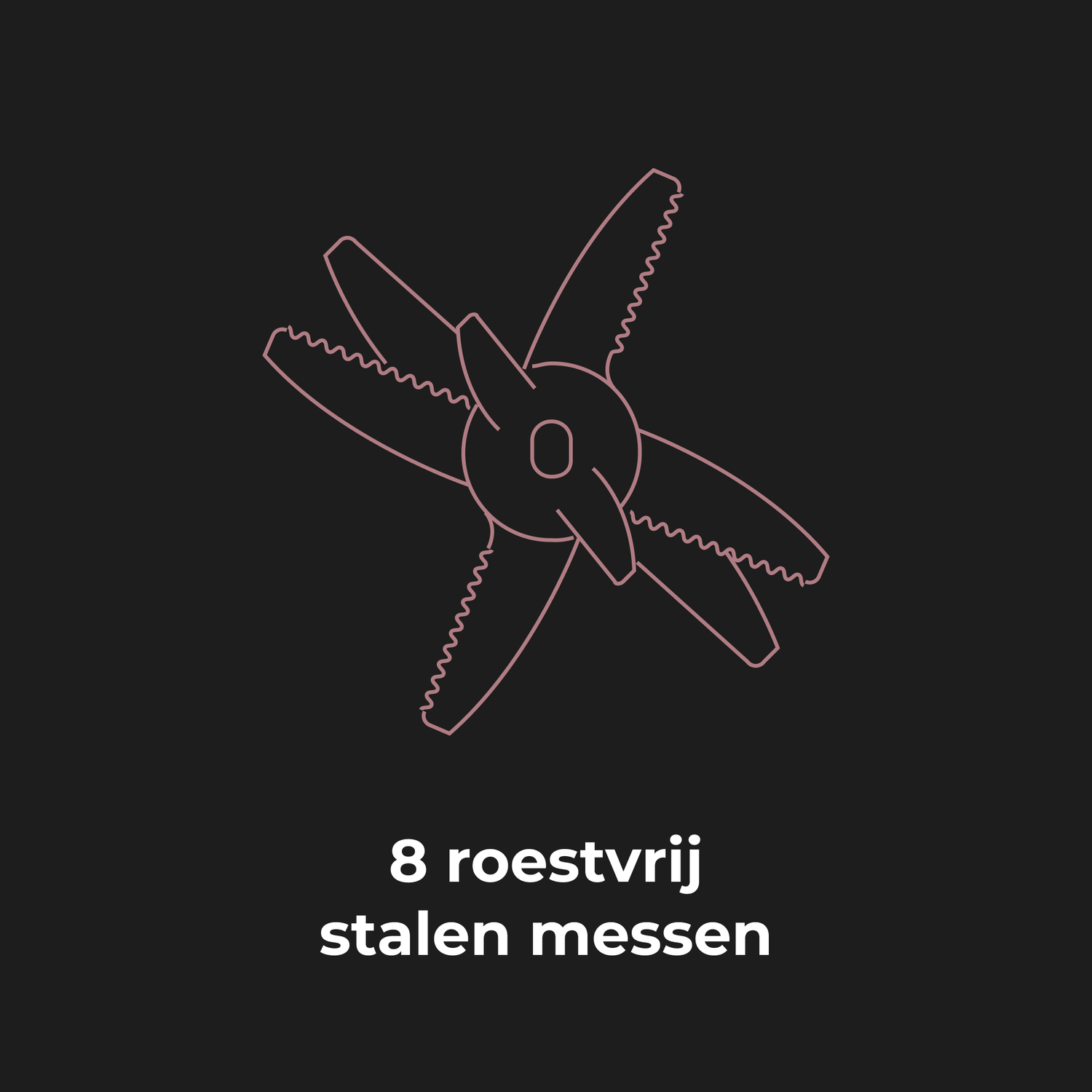 Lijntekening van een blenderblad met 8 bladen op een zwarte achtergrond. Tekst onderaan.