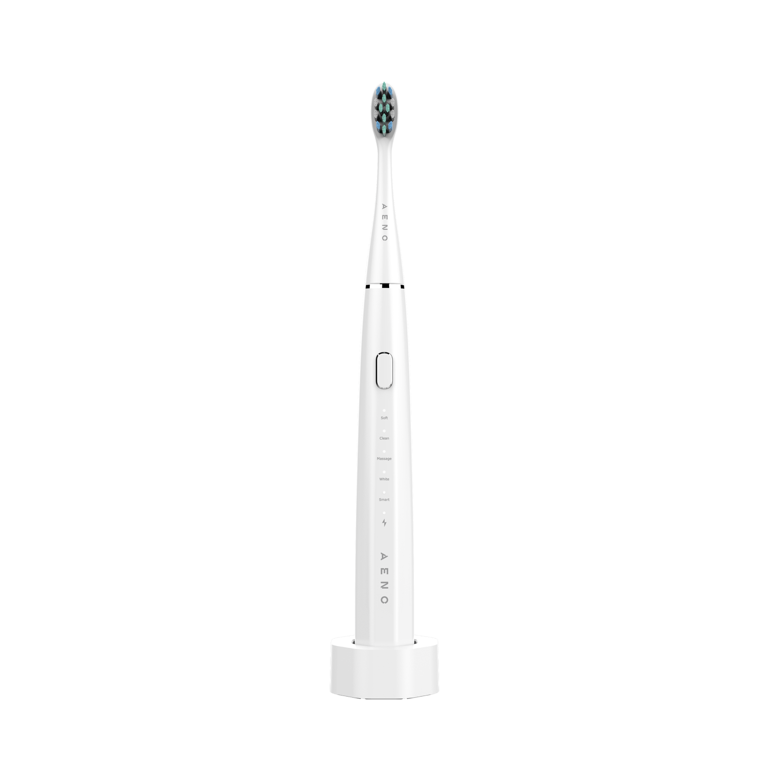 White electric toothbrush with a charging base. Features include power, clean, and smart modes.