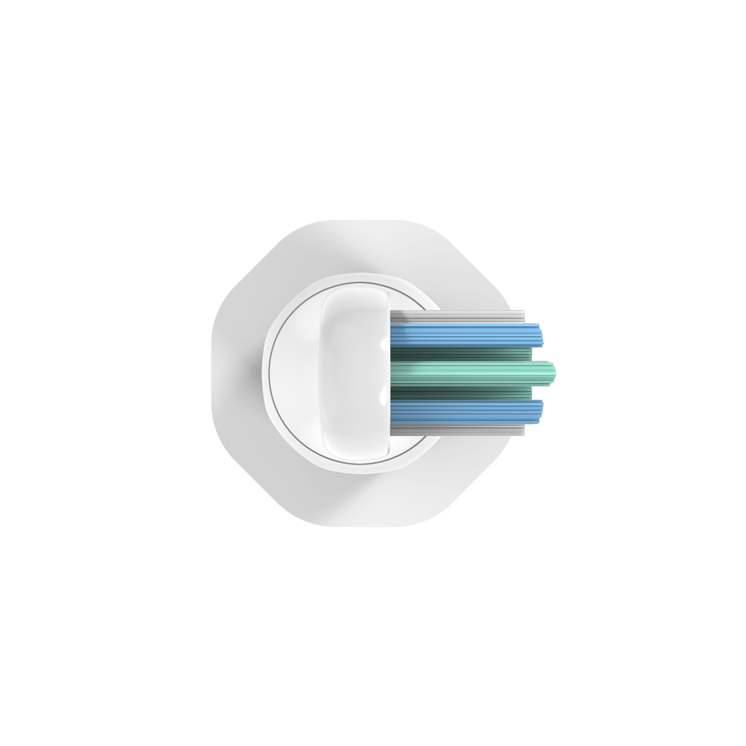 Top view of a toothbrush head. Blue and green bristles are visible.