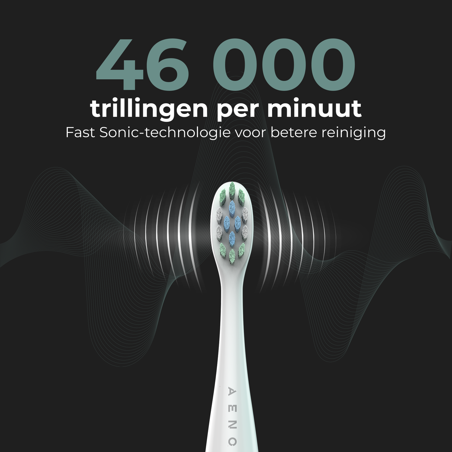 An electric toothbrush head with green, blue, and white bristles with sound waves.