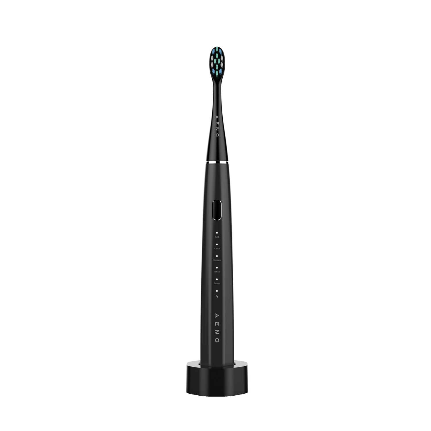 Black electric toothbrush on a charging base. The toothbrush has AENO branding.