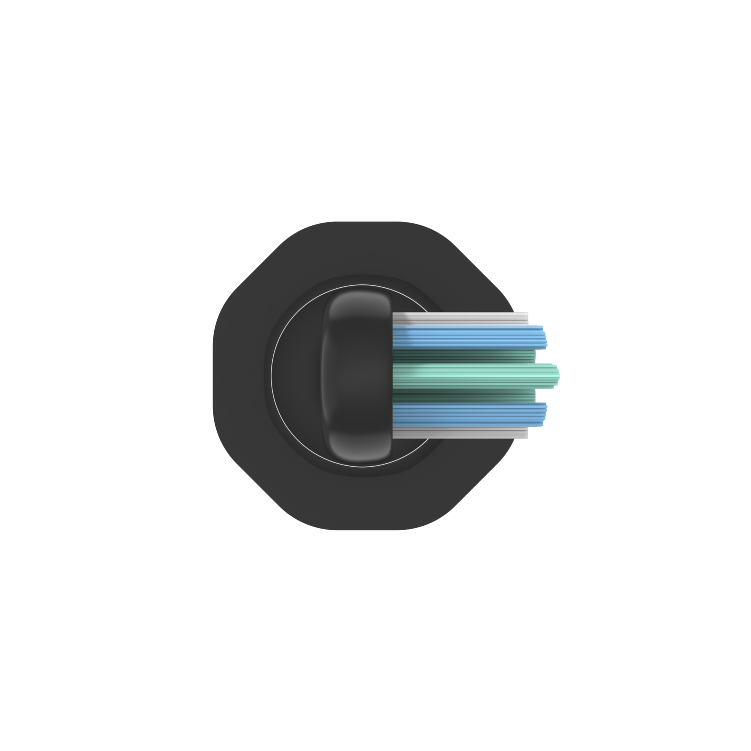 Black connector with colored wires on white background.