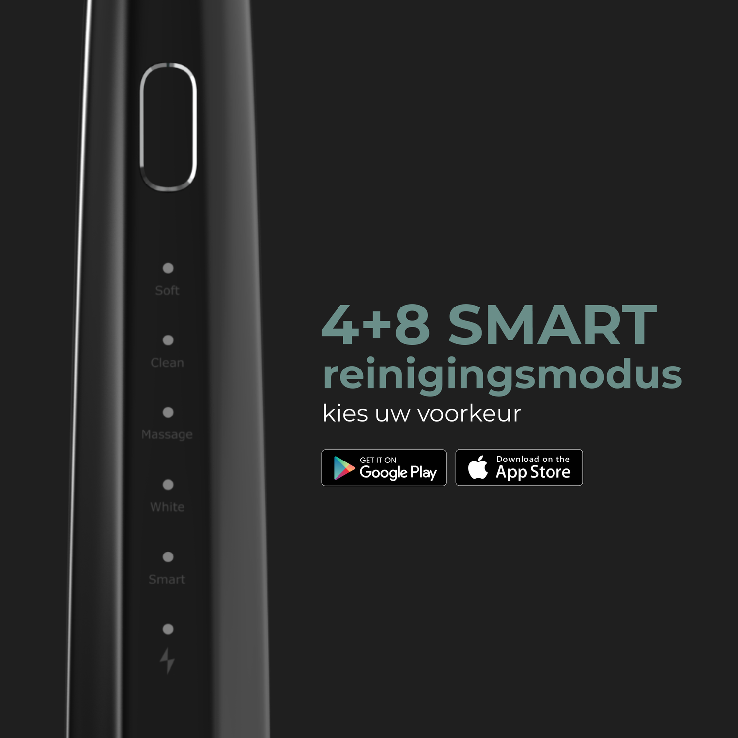 A black electric toothbrush with a text about cleaning modes.