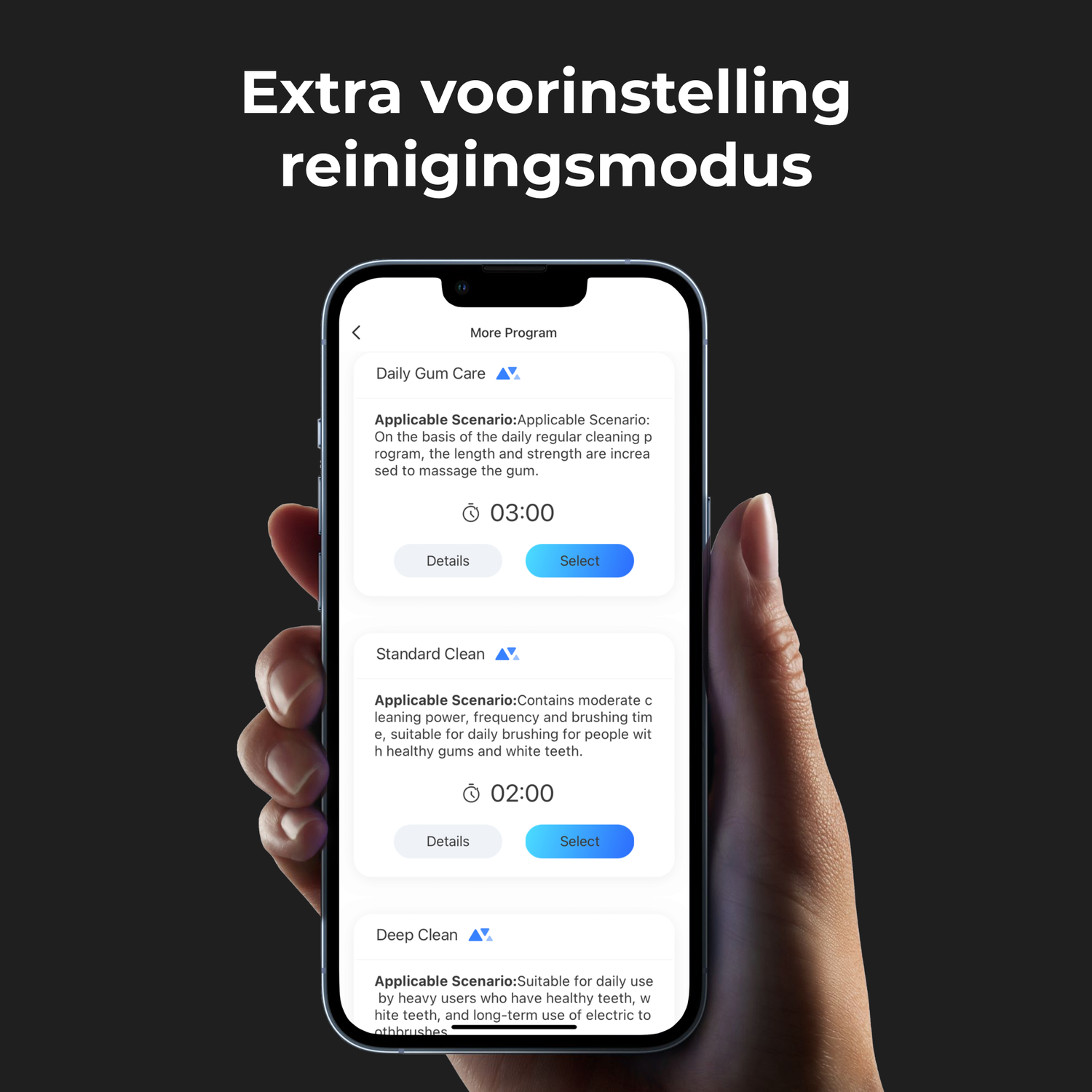 Hand holding a phone showing cleaning modes. Text: 'Extra voorinstelling reinigingsmodus'. Black background.