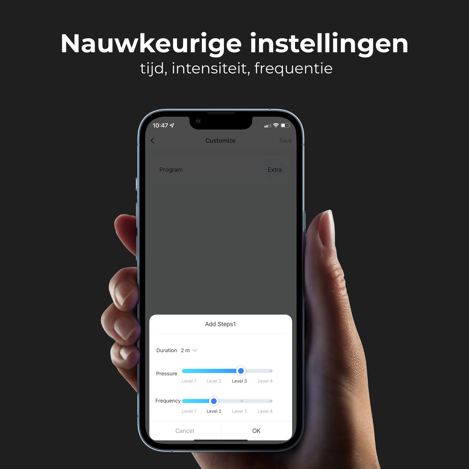 Hand holding a phone showing customization settings for a device. Text reads 'Nauwkeurige instellingen'.
