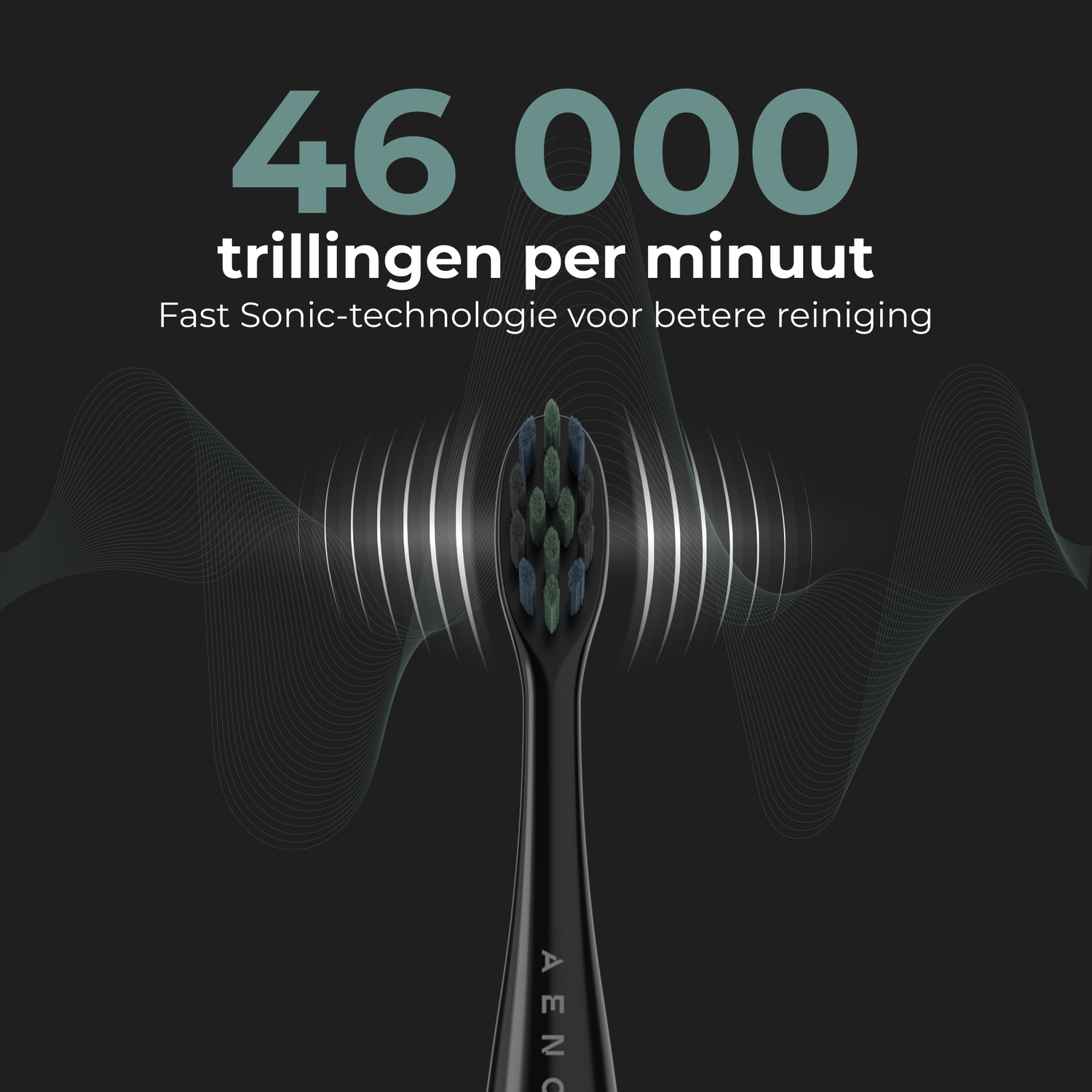 Black toothbrush with green and blue bristles, sonic vibrations graphic.