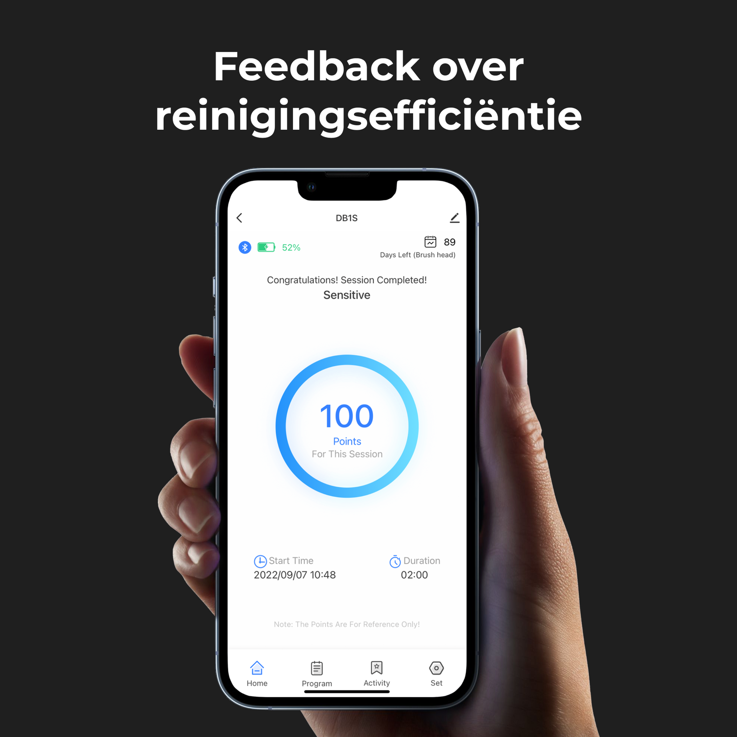 A hand holding a phone displaying cleaning session data, with a blue circle and a percentage.