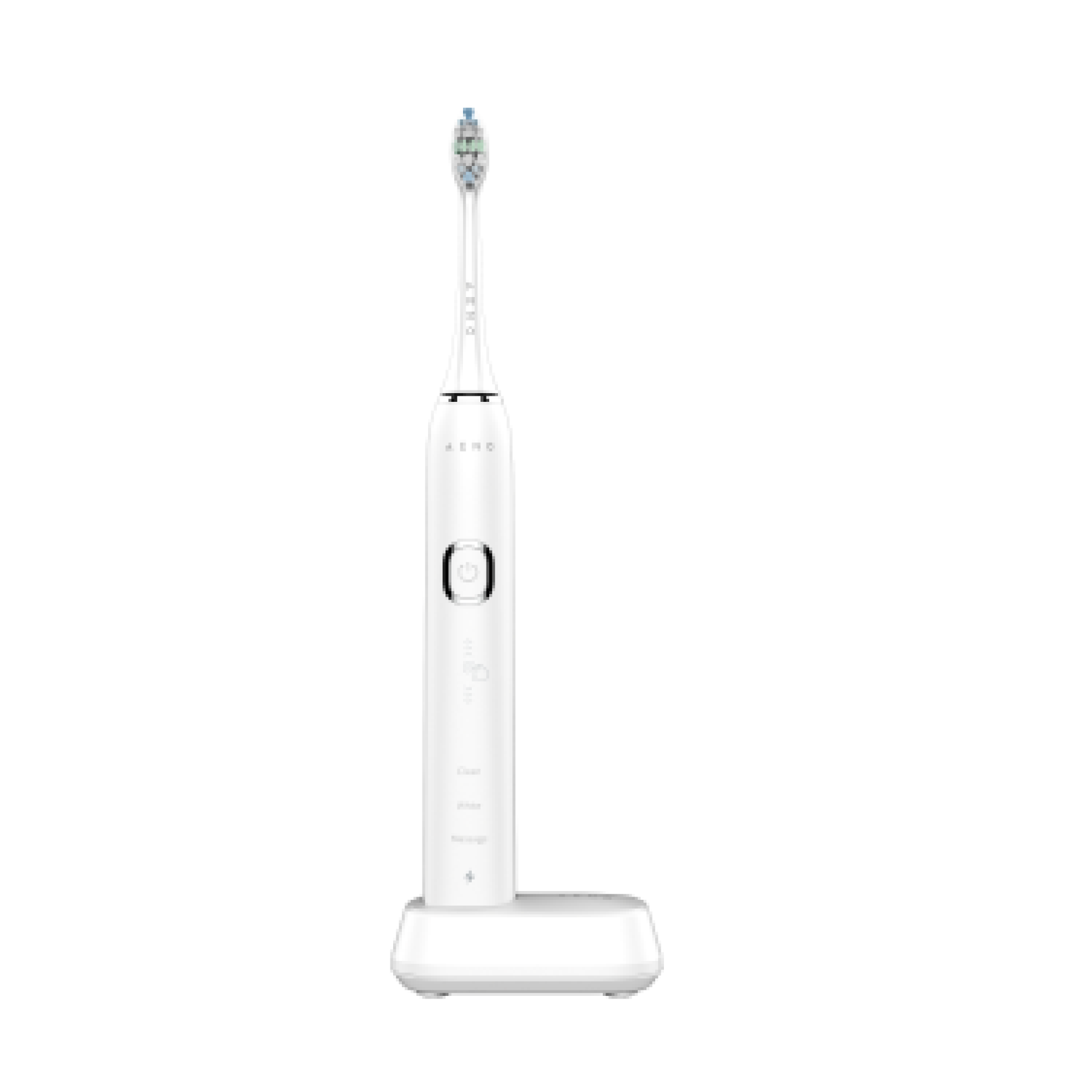 White electric toothbrush and charging stand. The brush is straight with a small brush head.