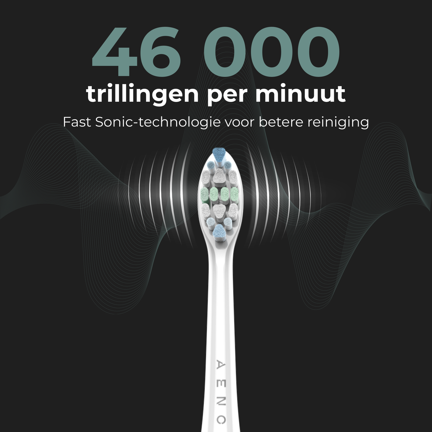 White and green toothbrush head with text 'AENO' below, with sound waves.