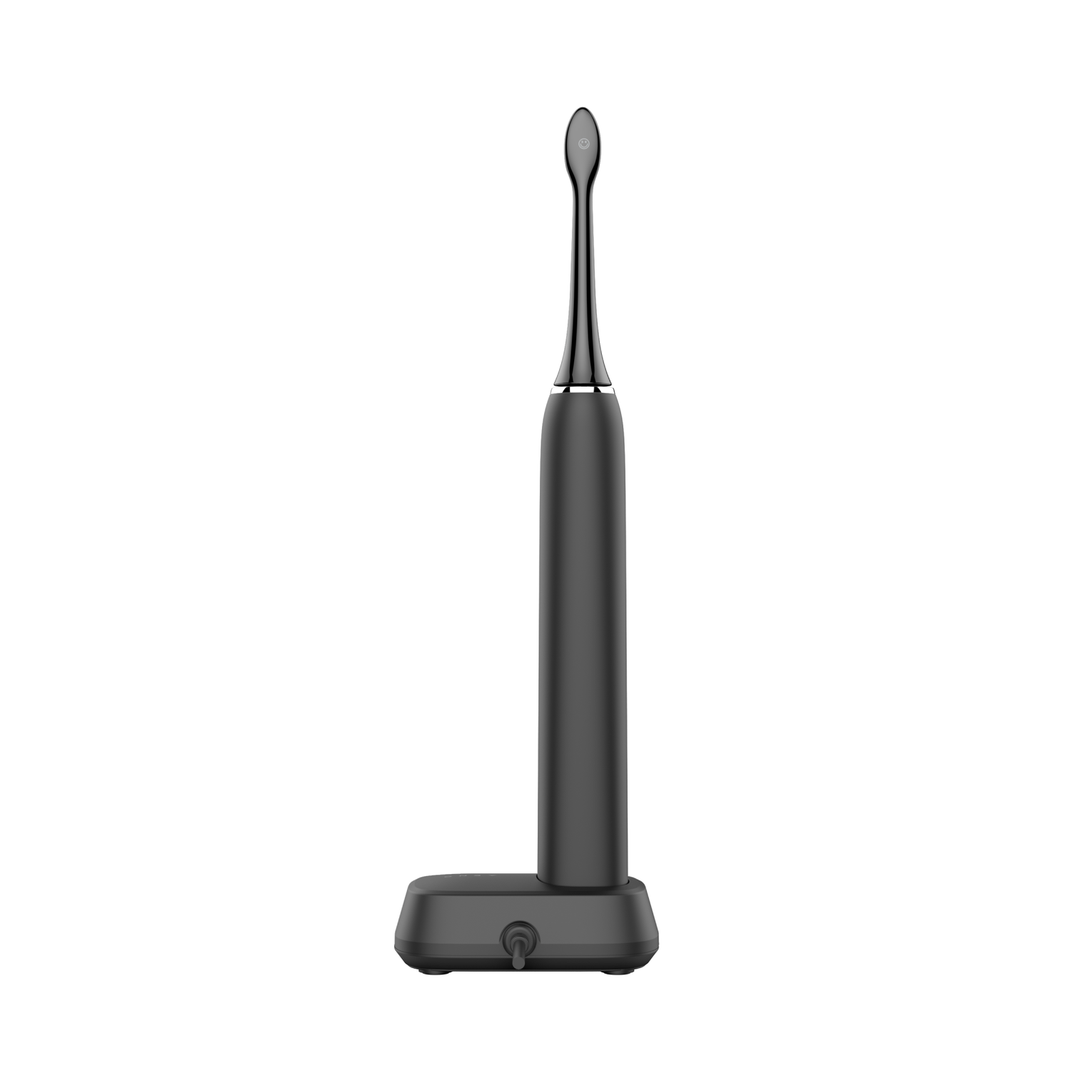 Black electric toothbrush with a charging base. The brush head is on top of the handle.