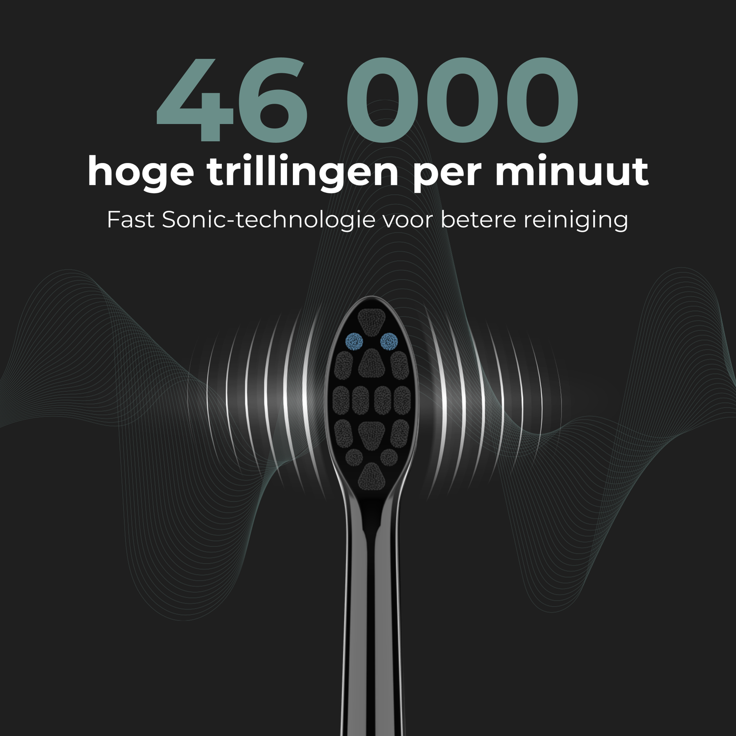 Close-up of a black toothbrush head with blue bristles, surrounded by sonic waves.