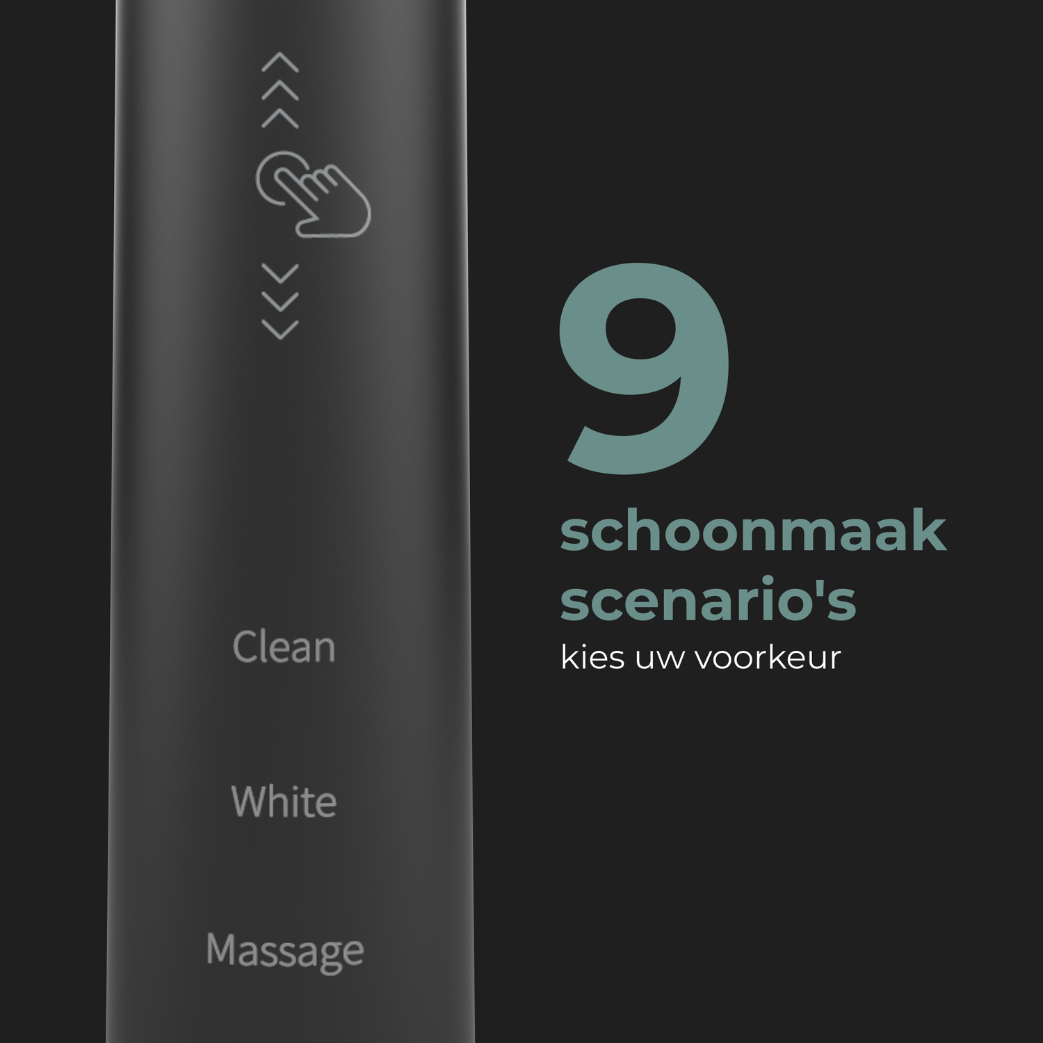 Black device with touch controls and the number 9. Text: schoonmaak scenario's.