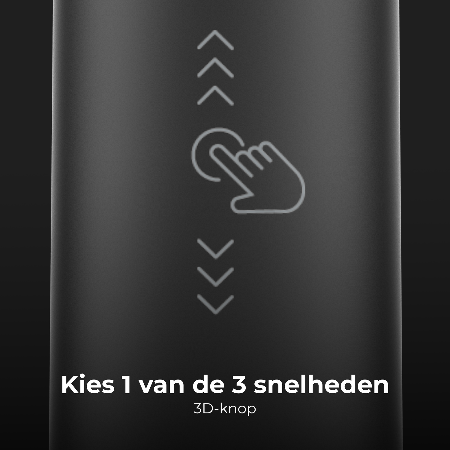 Black toothbrush with buttons. Text: 'Kies 1 van de 3 snelheden'. Black background.