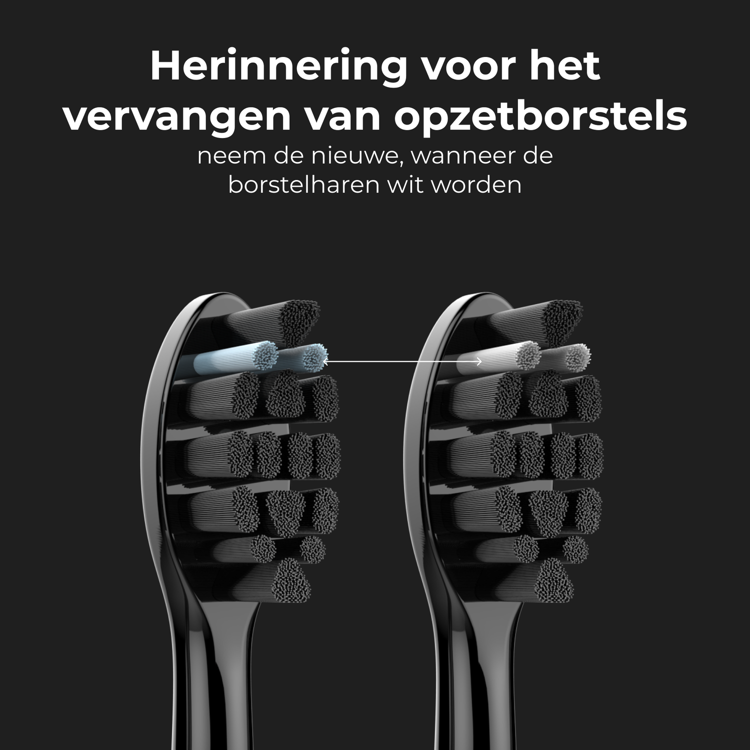 Close-up of two electric toothbrush heads with text about replacing bristles.