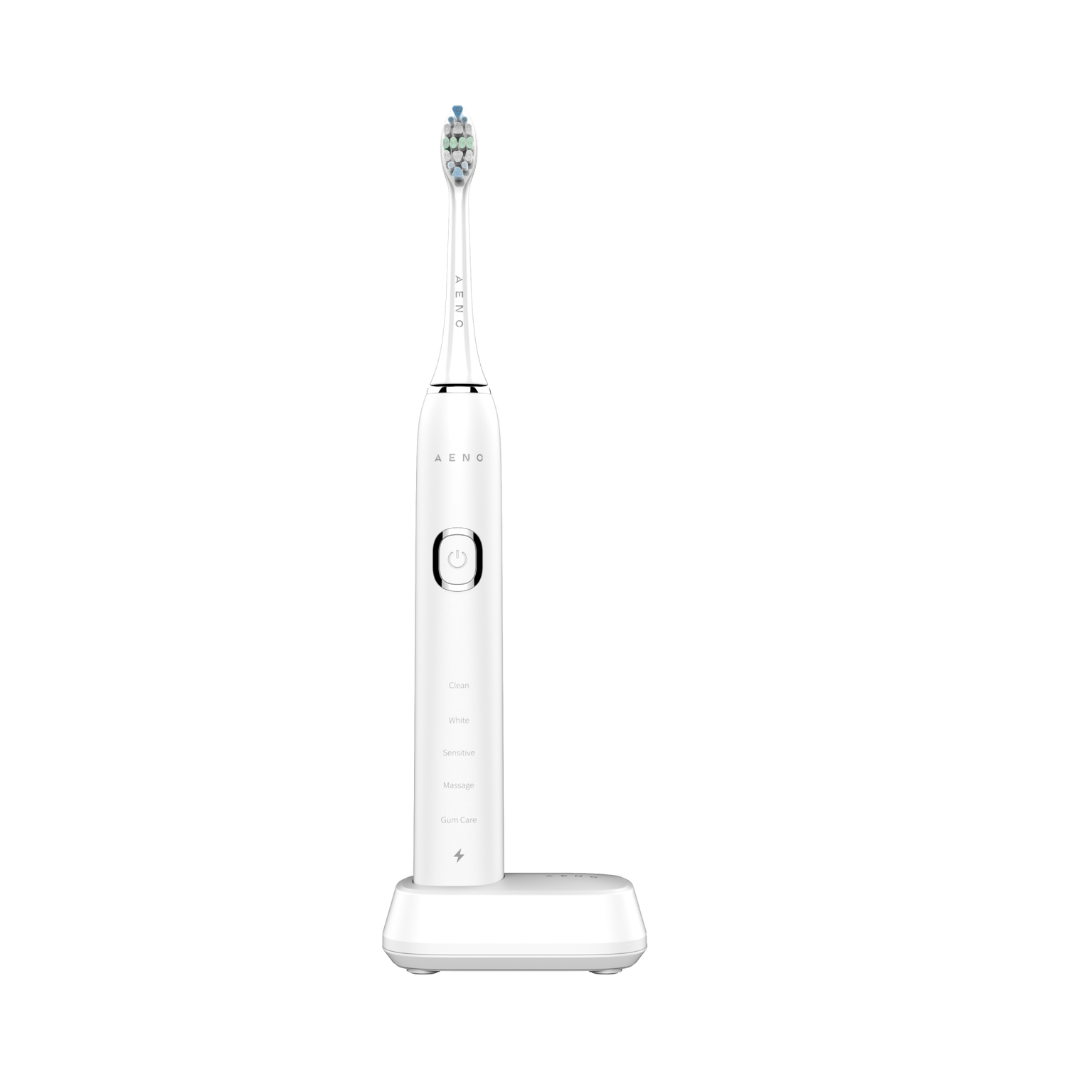 White electric toothbrush with a charging base. The brush has a sleek, modern design.