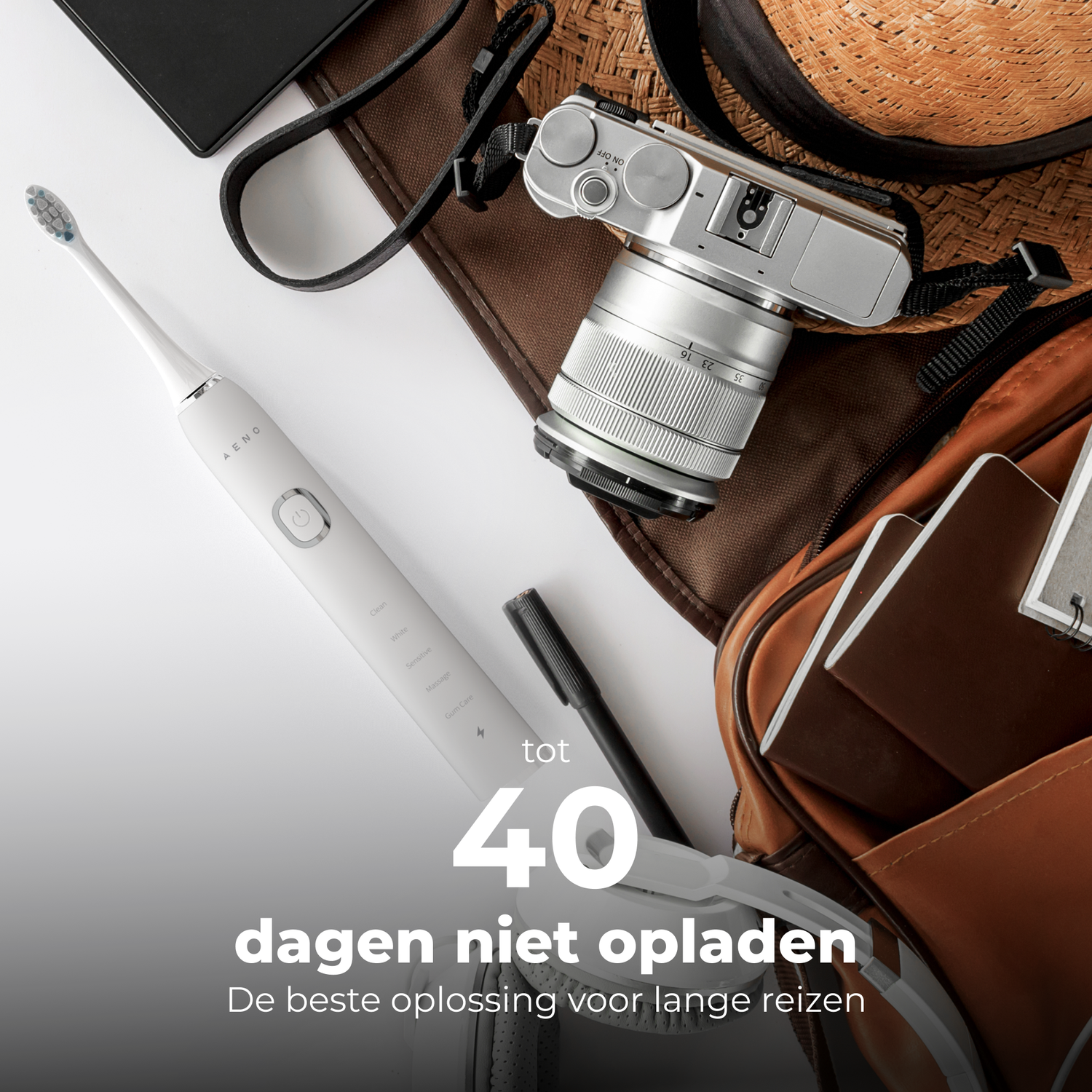 A toothbrush, camera, bag, and passport are arranged on a white surface. Text says, up to 40 days.