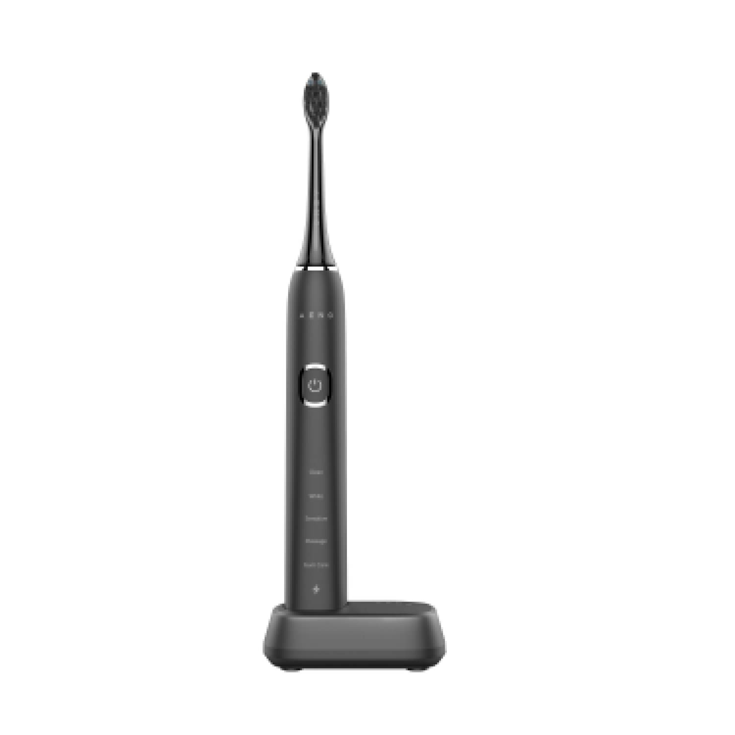 Black electric toothbrush on a charging base. Long handle, with buttons.