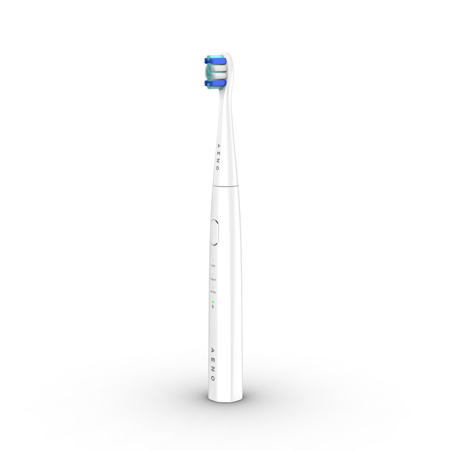 White electric toothbrush on a white background, angled view.