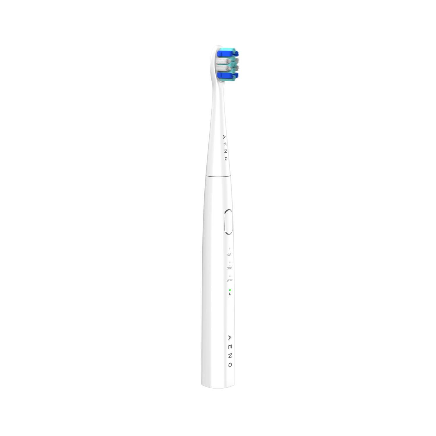White electric toothbrush. Long handle, with buttons. Blue and green bristles.