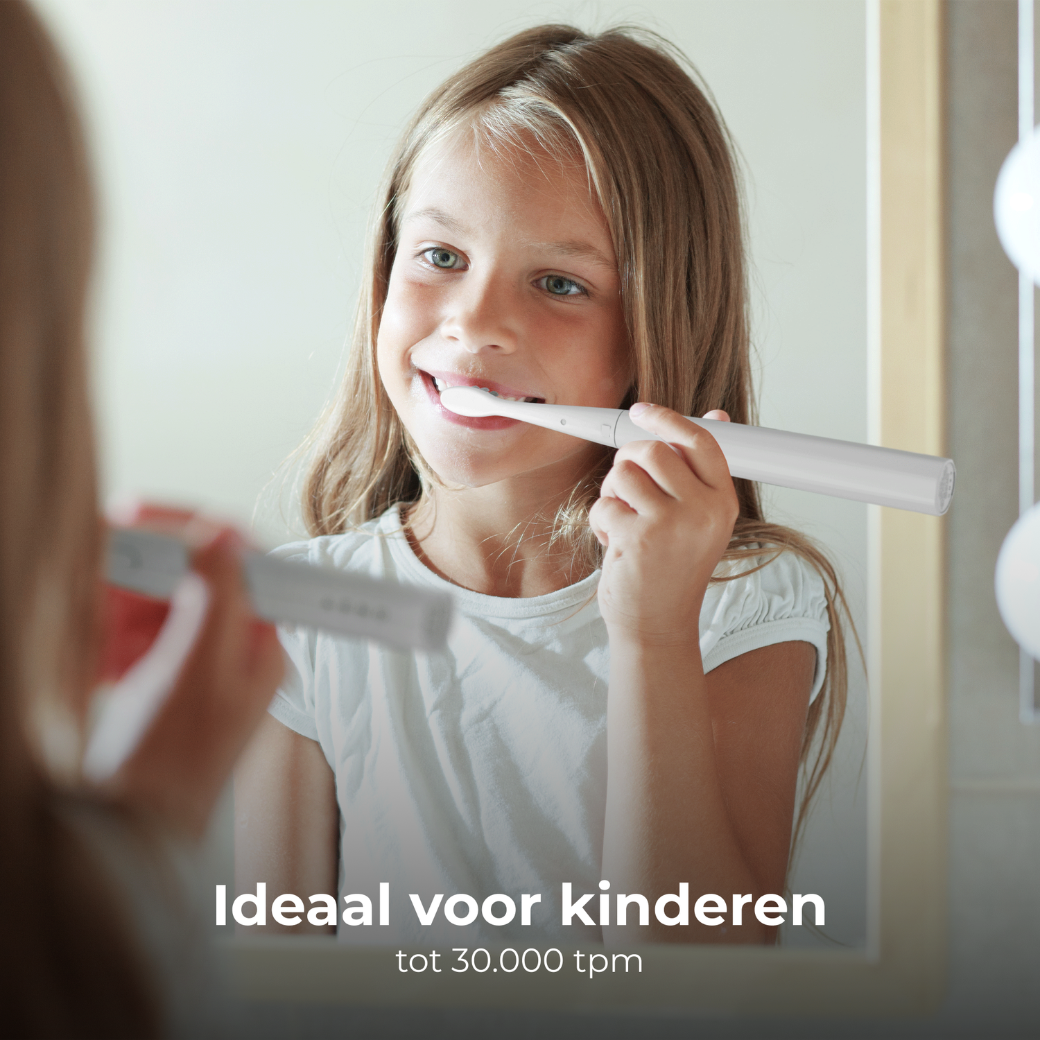 Girl brushes teeth in mirror. Text: Ideal for children.