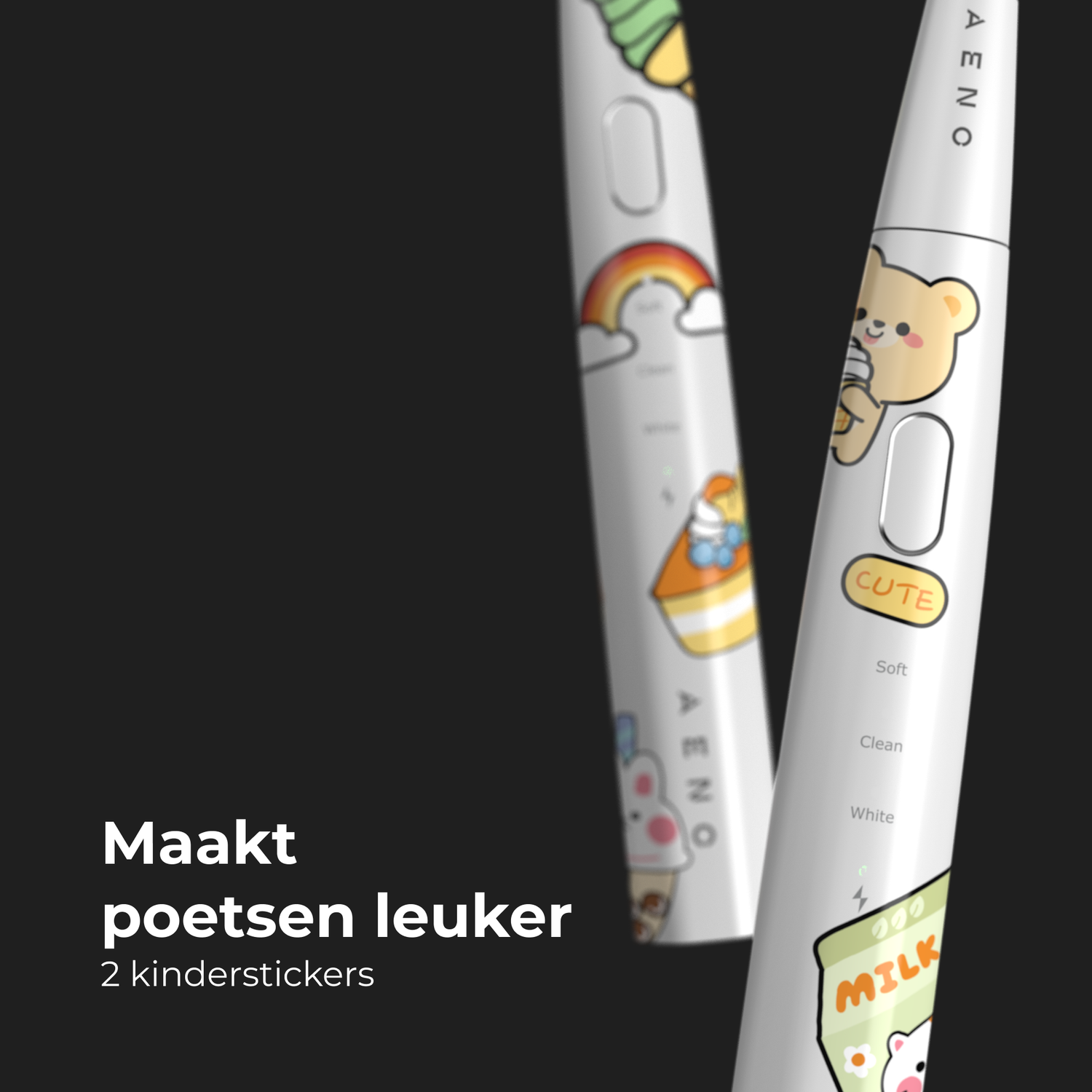 Two white toothbrushes with cartoon decorations. Text: Makes brushing more fun, 2 kids stickers.
