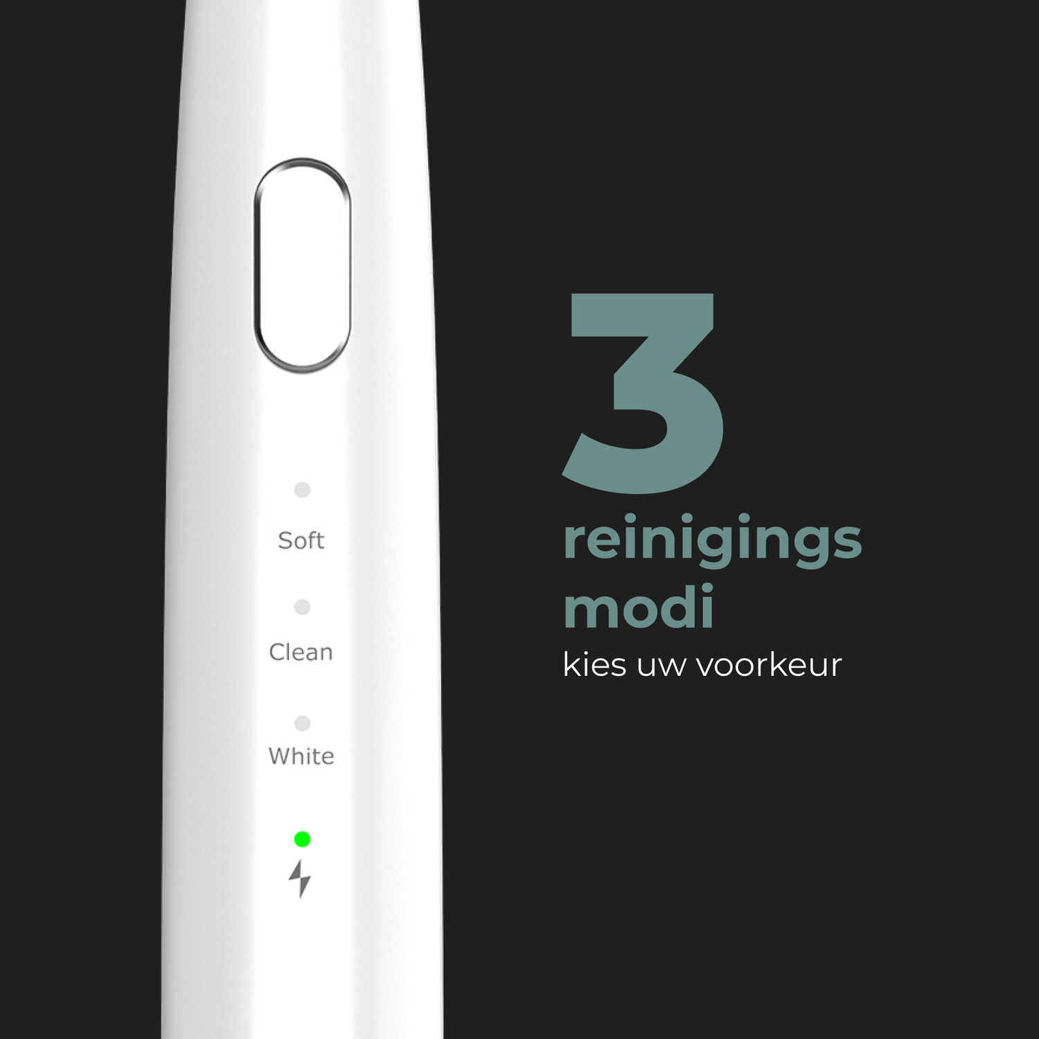 White toothbrush with cleaning mode icons and a power indicator on a dark background.
