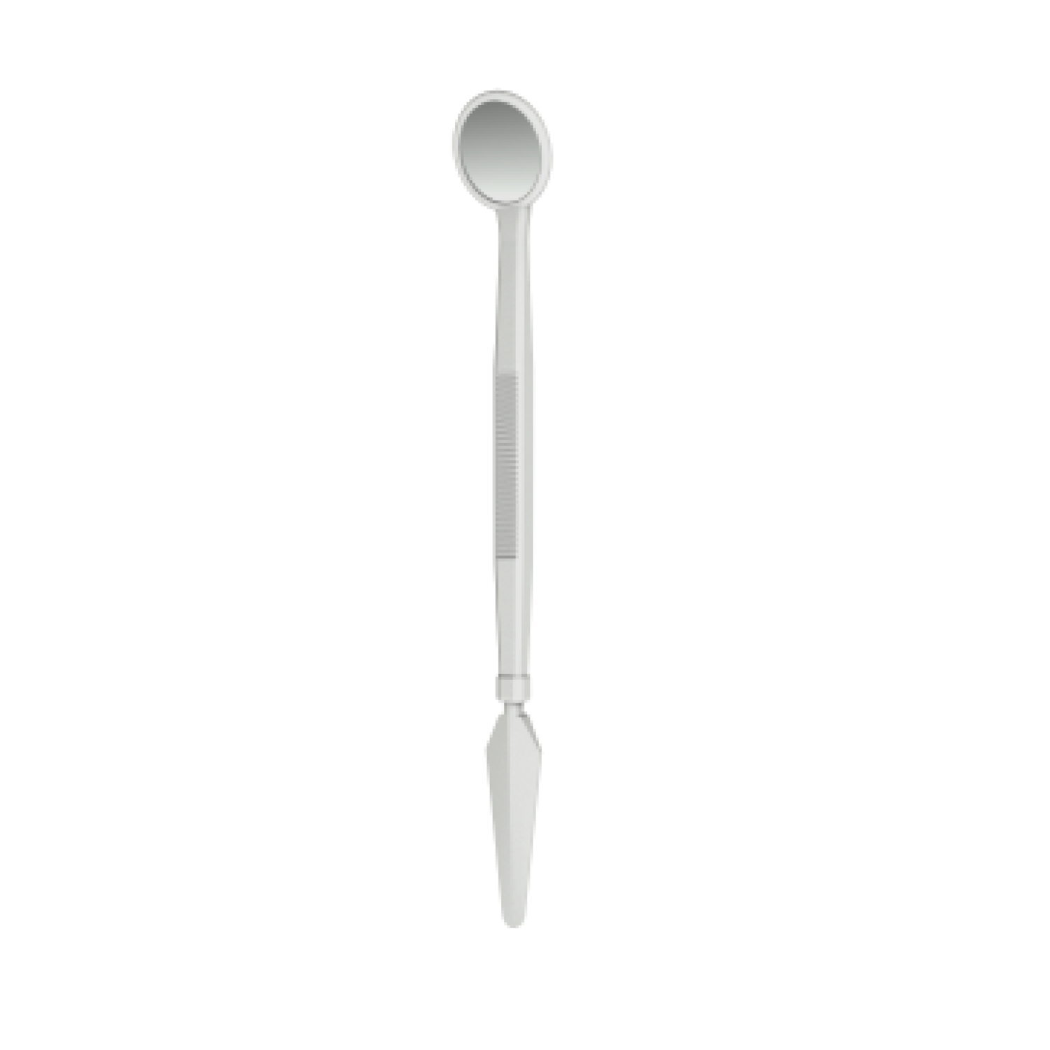 Dental mirror tool with a circular mirror and a pointed end.