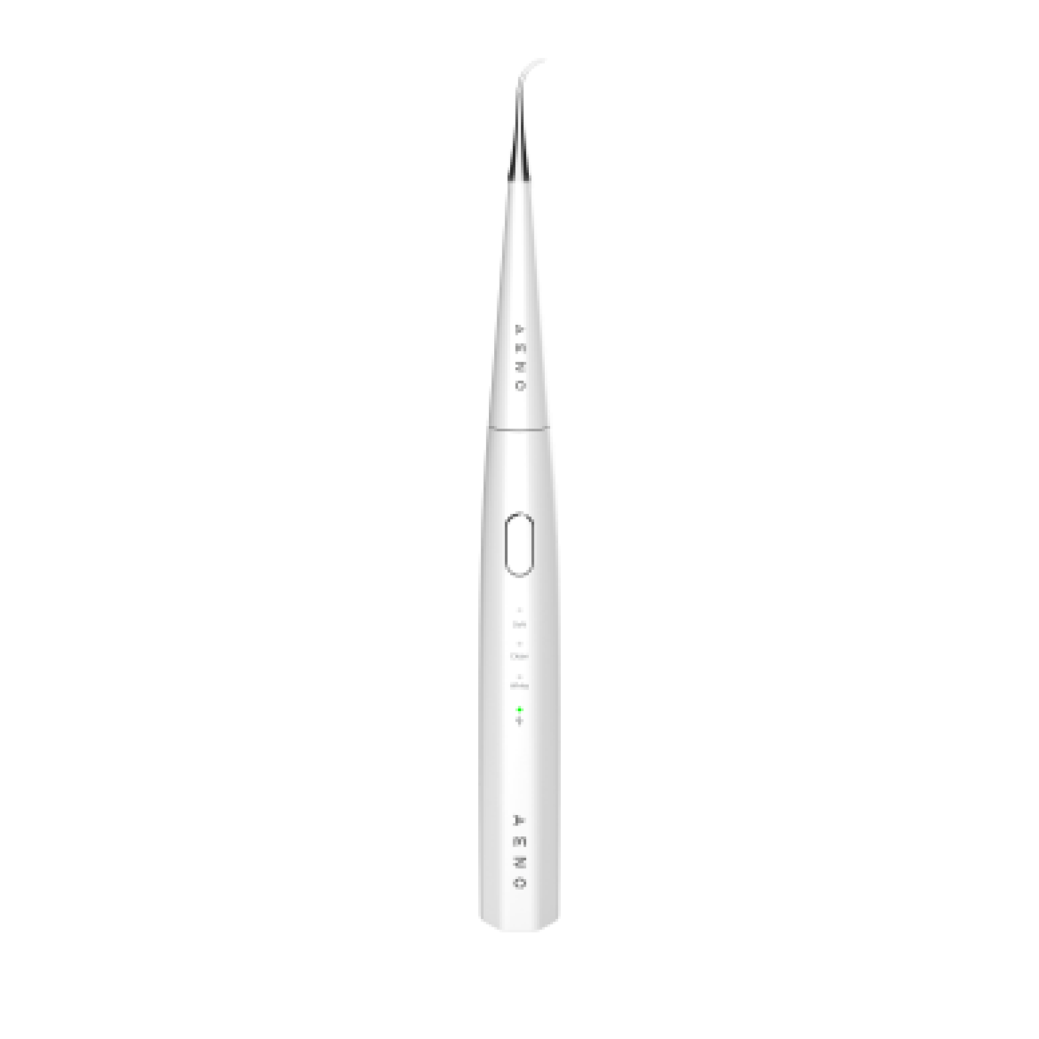 A white dental cleaning device with a thin, pointed tip. Clean design, white background.