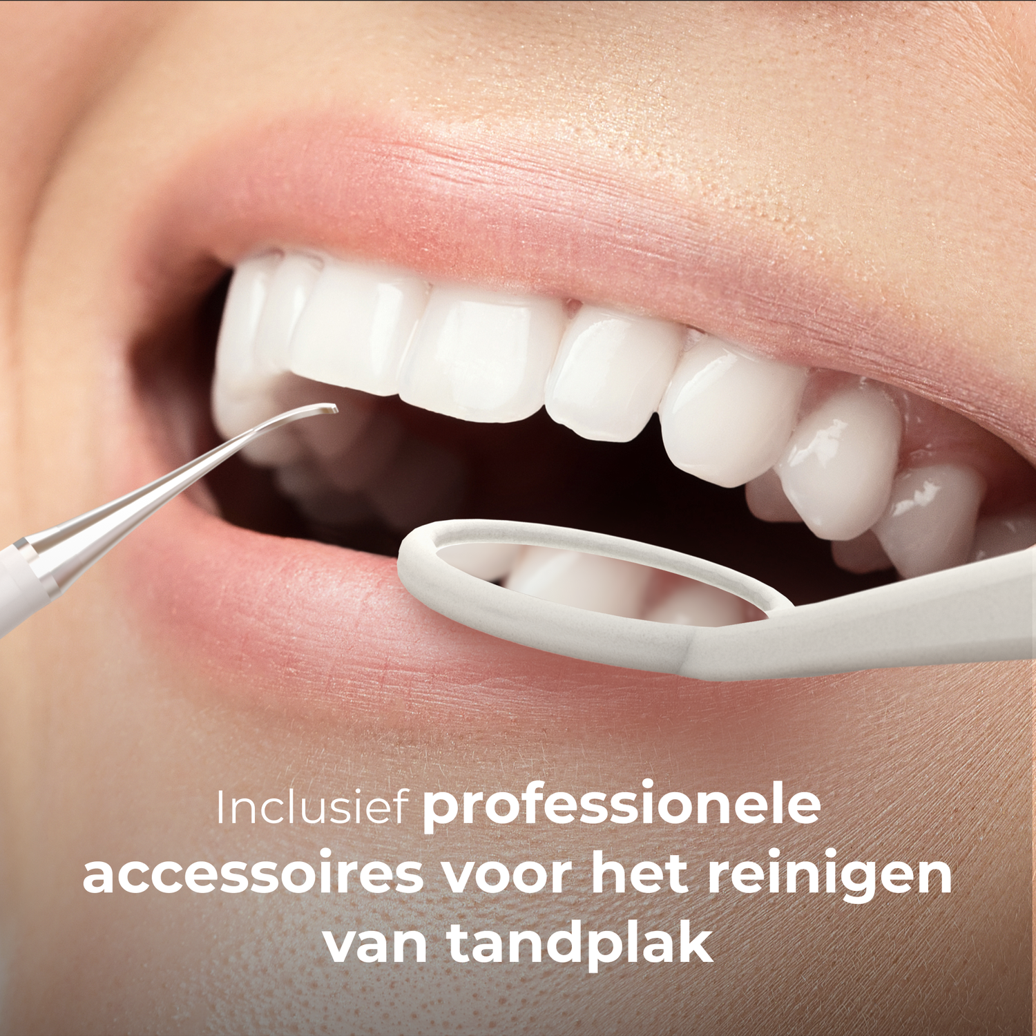 Dental tools cleaning teeth. Mirror and scaler visible.