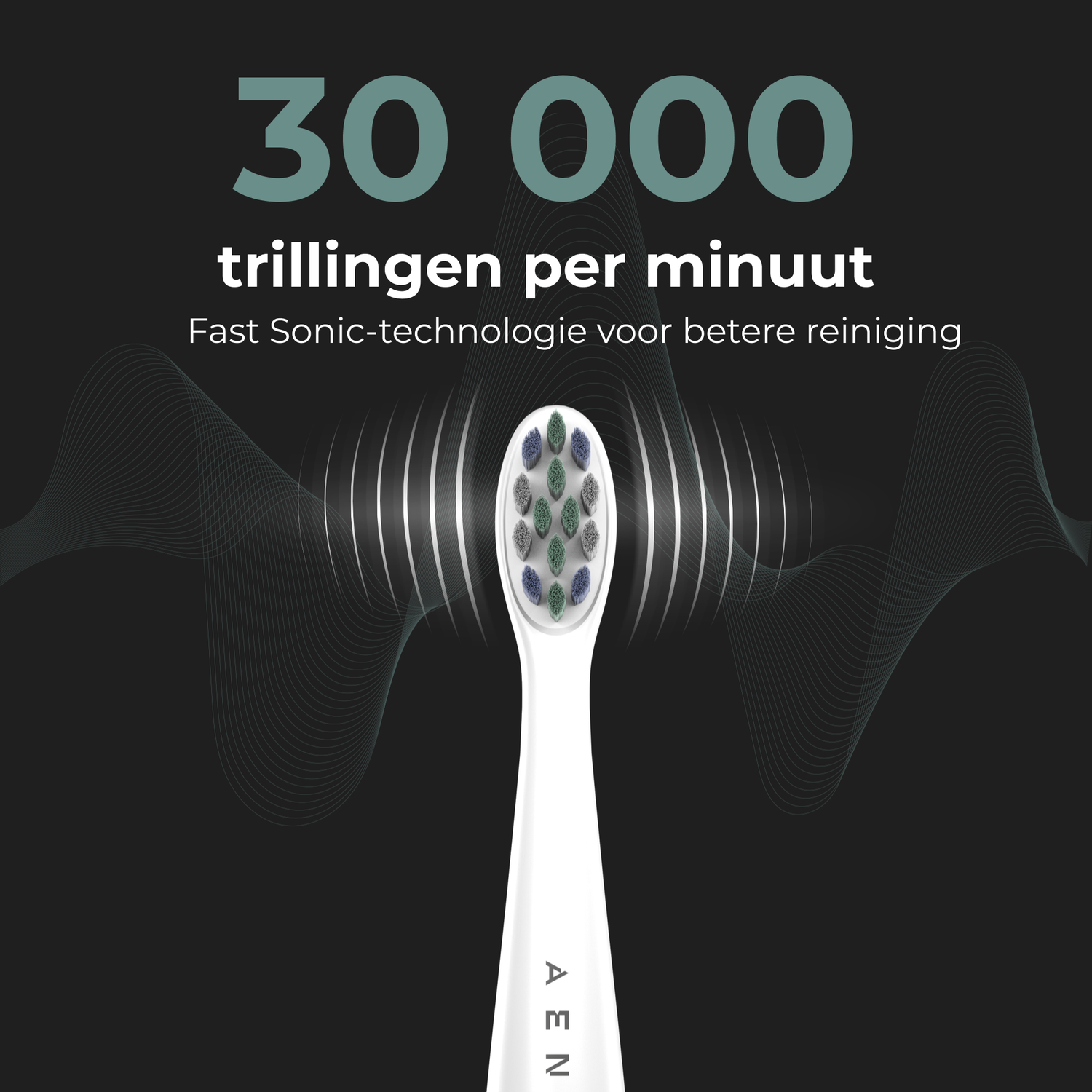 A white toothbrush with a brush head. The text says, '30 000 trillingen per minuut' with sound waves.