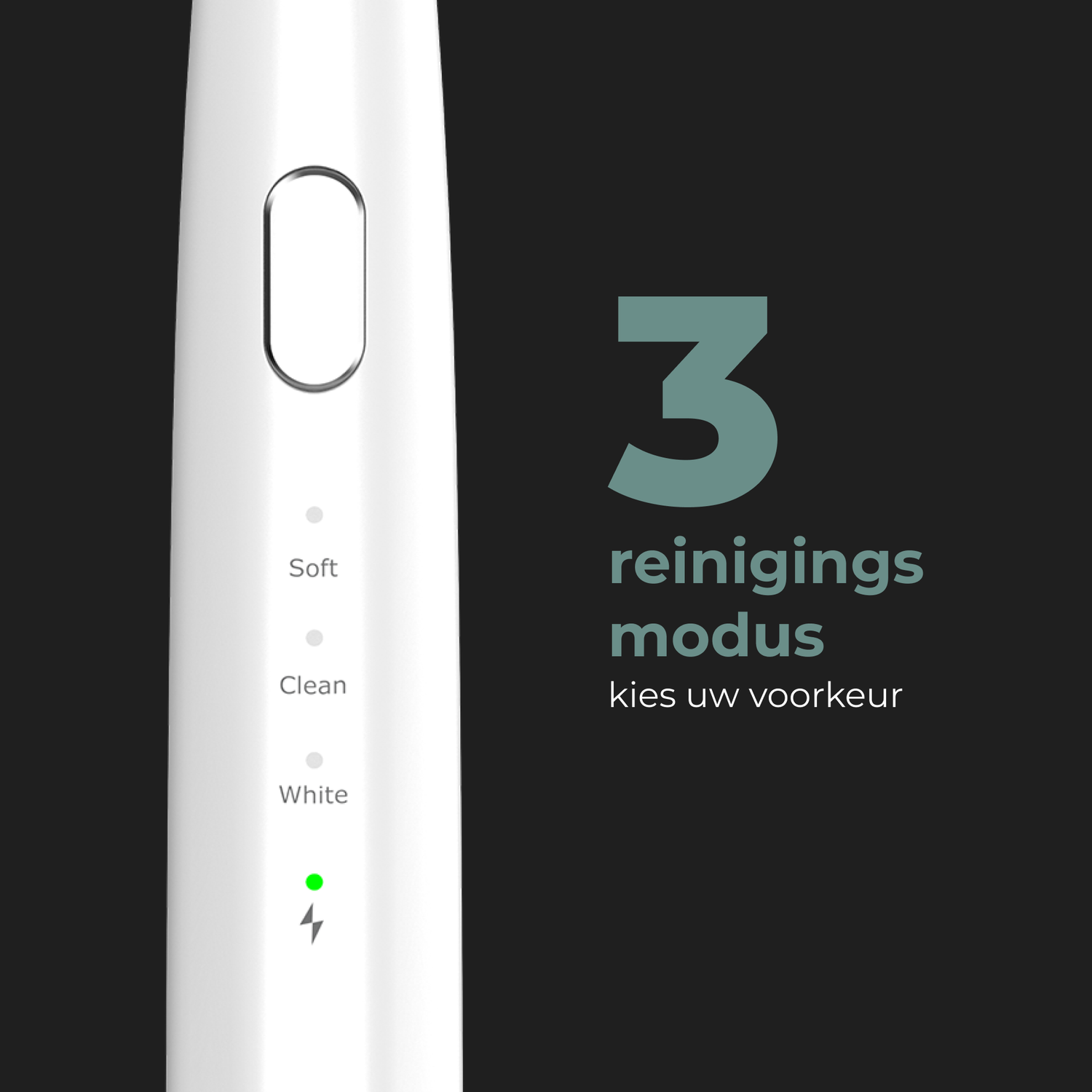 White electric toothbrush. Text: 3 reinigings modus kies uw voorkeur (3 cleaning modes choose your preference).
