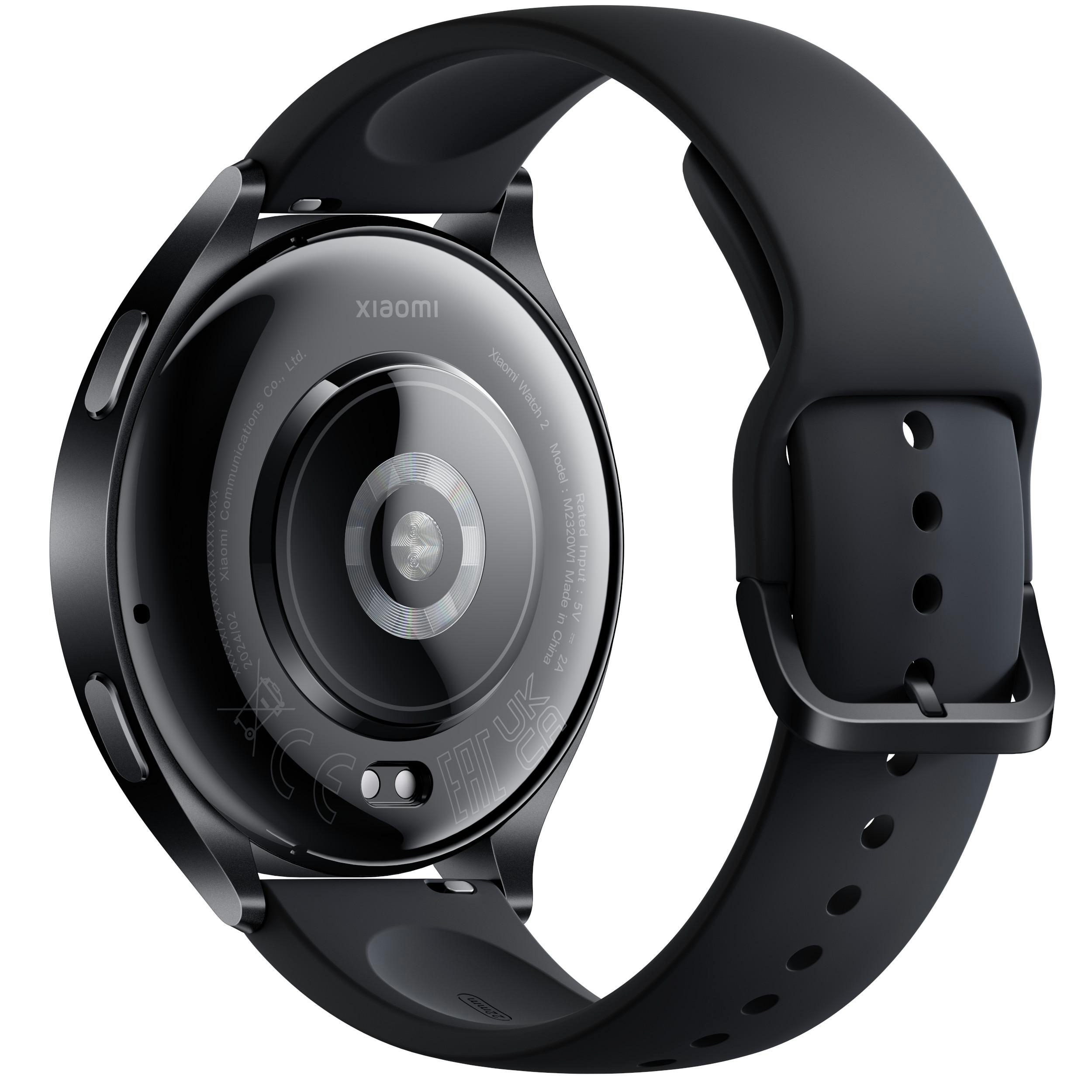 Schwarze Smartwatch-Rückseite. Xiaomi-Logo und Armband.