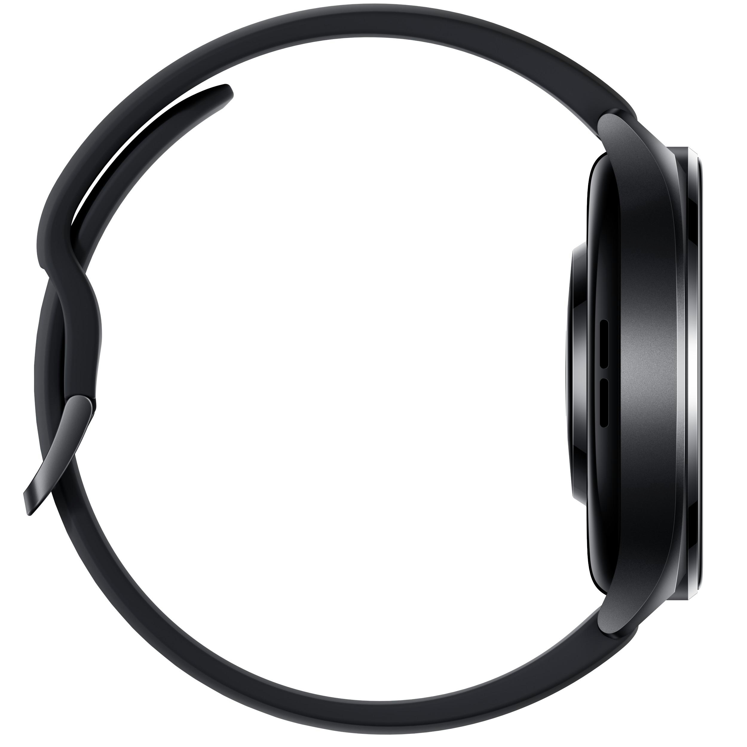 Schwarze Smartwatch mit schwarzem Armband, Seitenansicht. Zeigt das runde Zifferblatt und Band.