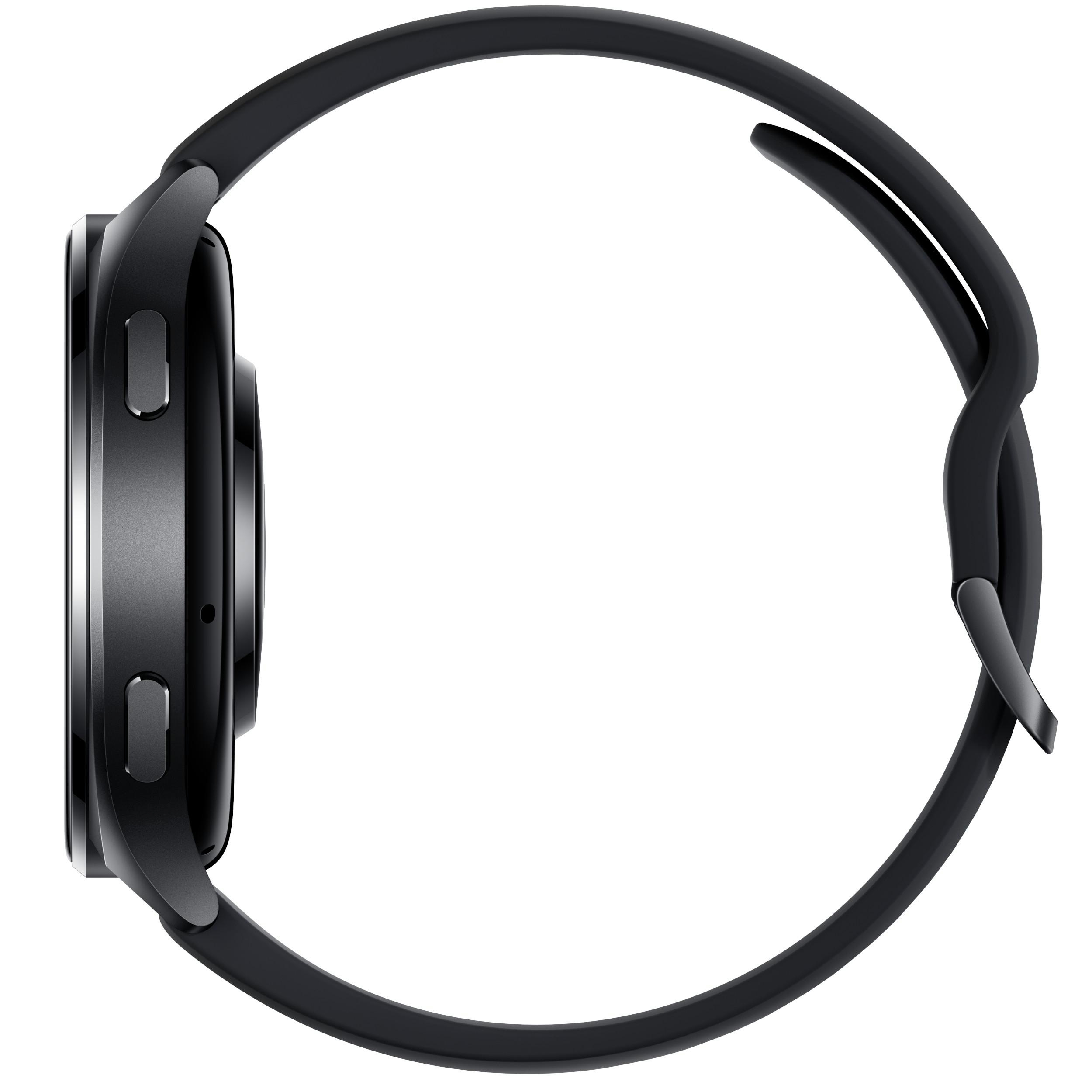 Schwarze Smartwatch von der Seite, dunkelgraues Armband, zwei Knöpfe, Seitenprofil, weißer Hintergrund.